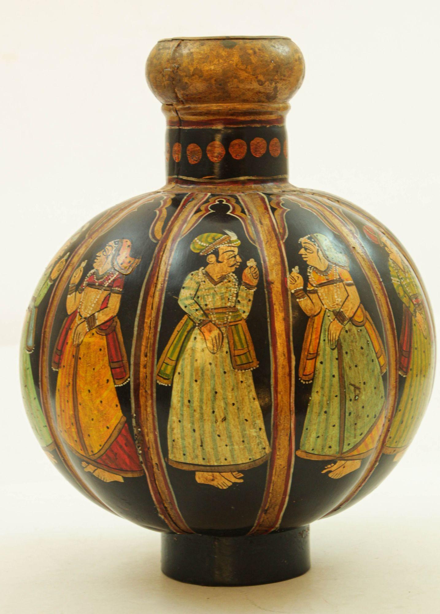 Vintage Indian Hand Painted Mughal Rajasthani Metal Water Vessel Vase For Sale 7