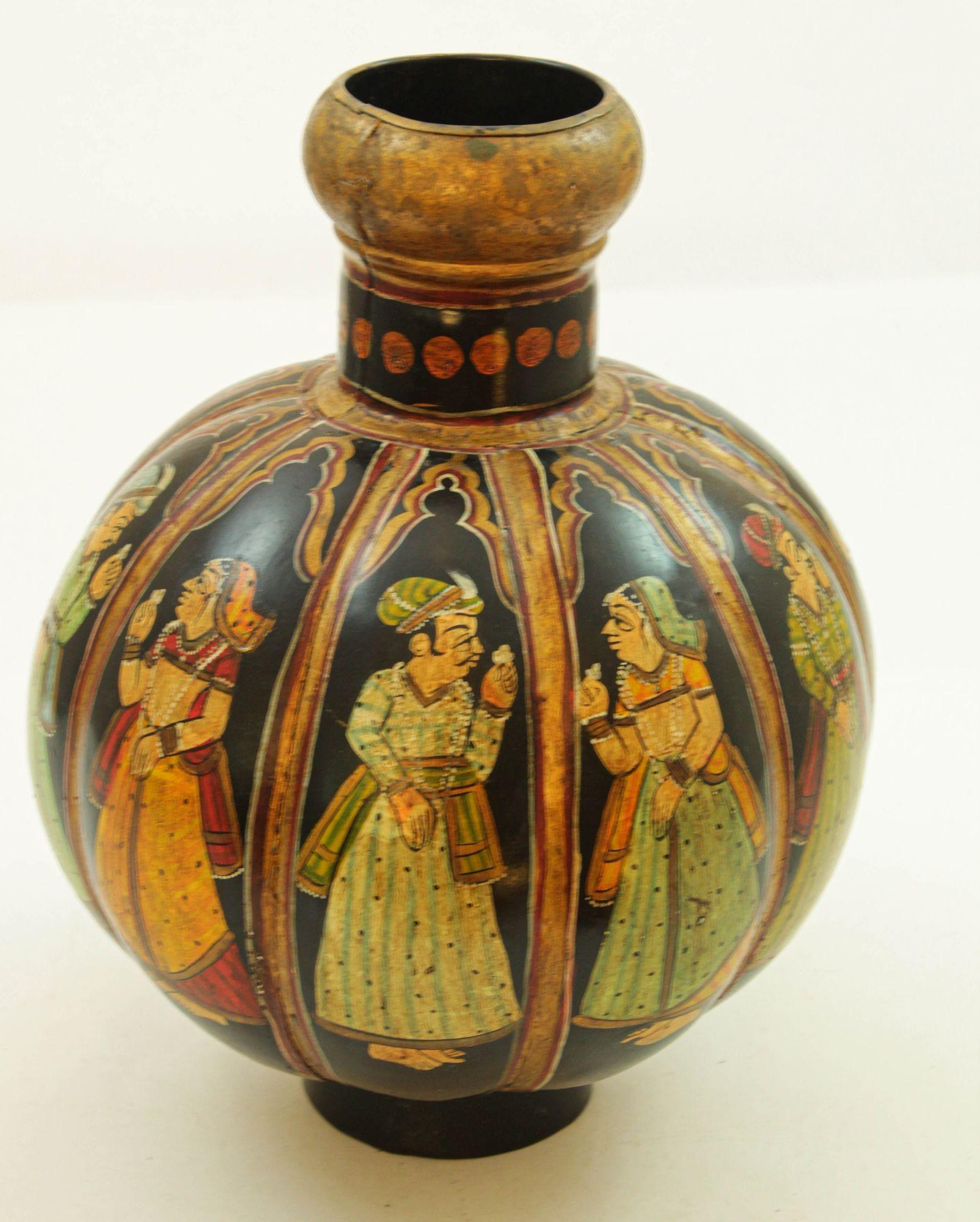 Vintage Indian Hand Painted Mughal Rajasthani Metal Water Vessel Vase For Sale 8