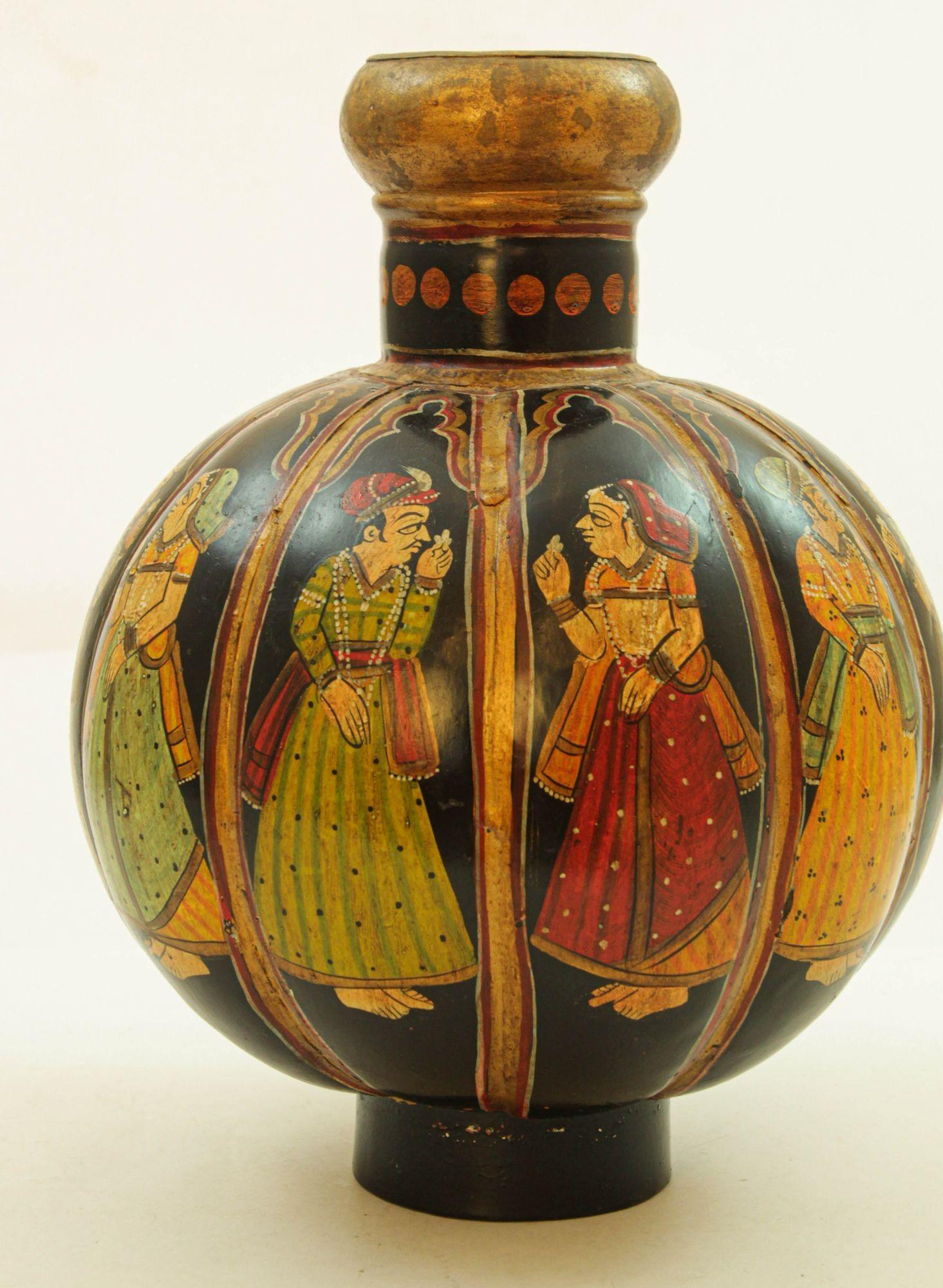 Vintage Indian Hand Painted Mughal Rajasthani Metal Water Vessel Vase For Sale 9