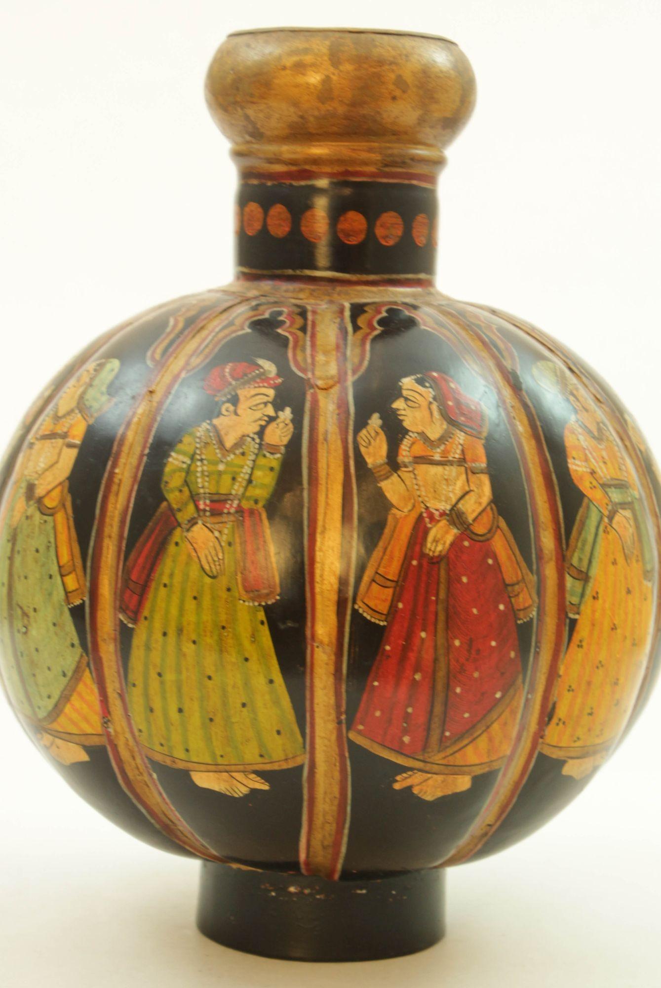 Vintage Indian Hand Painted Mughal Rajasthani Metal Water Vessel Vase For Sale 10