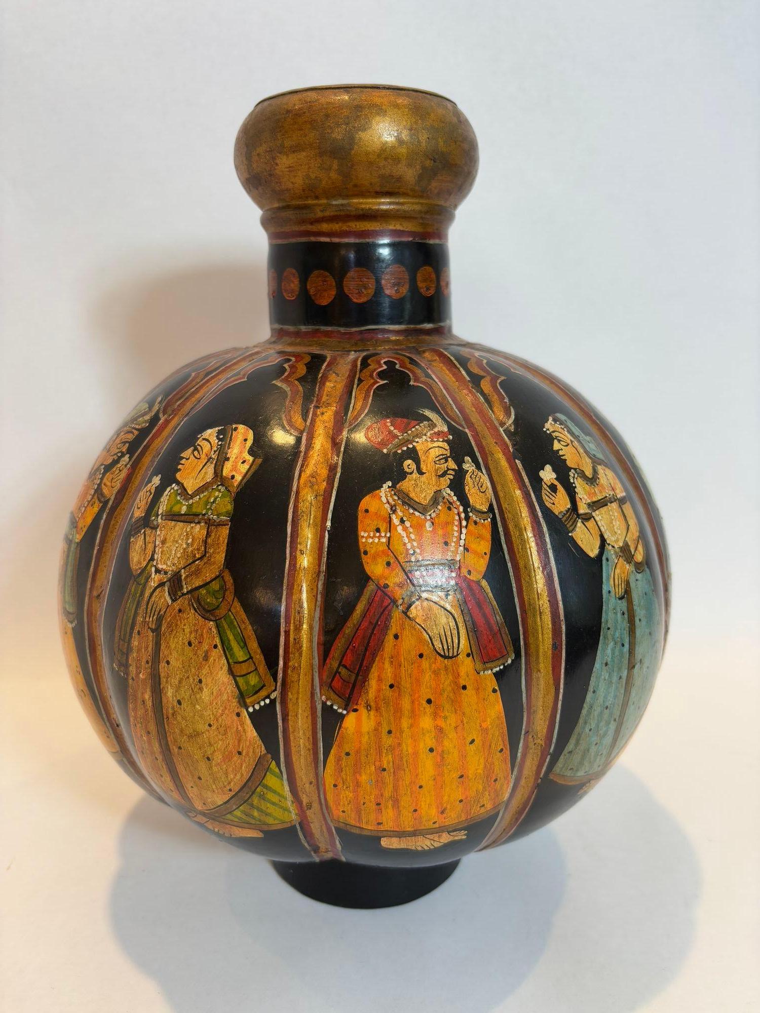 Vintage Indian Hand Painted Mughal Rajasthani Metal Water Vessel Vase For Sale 11