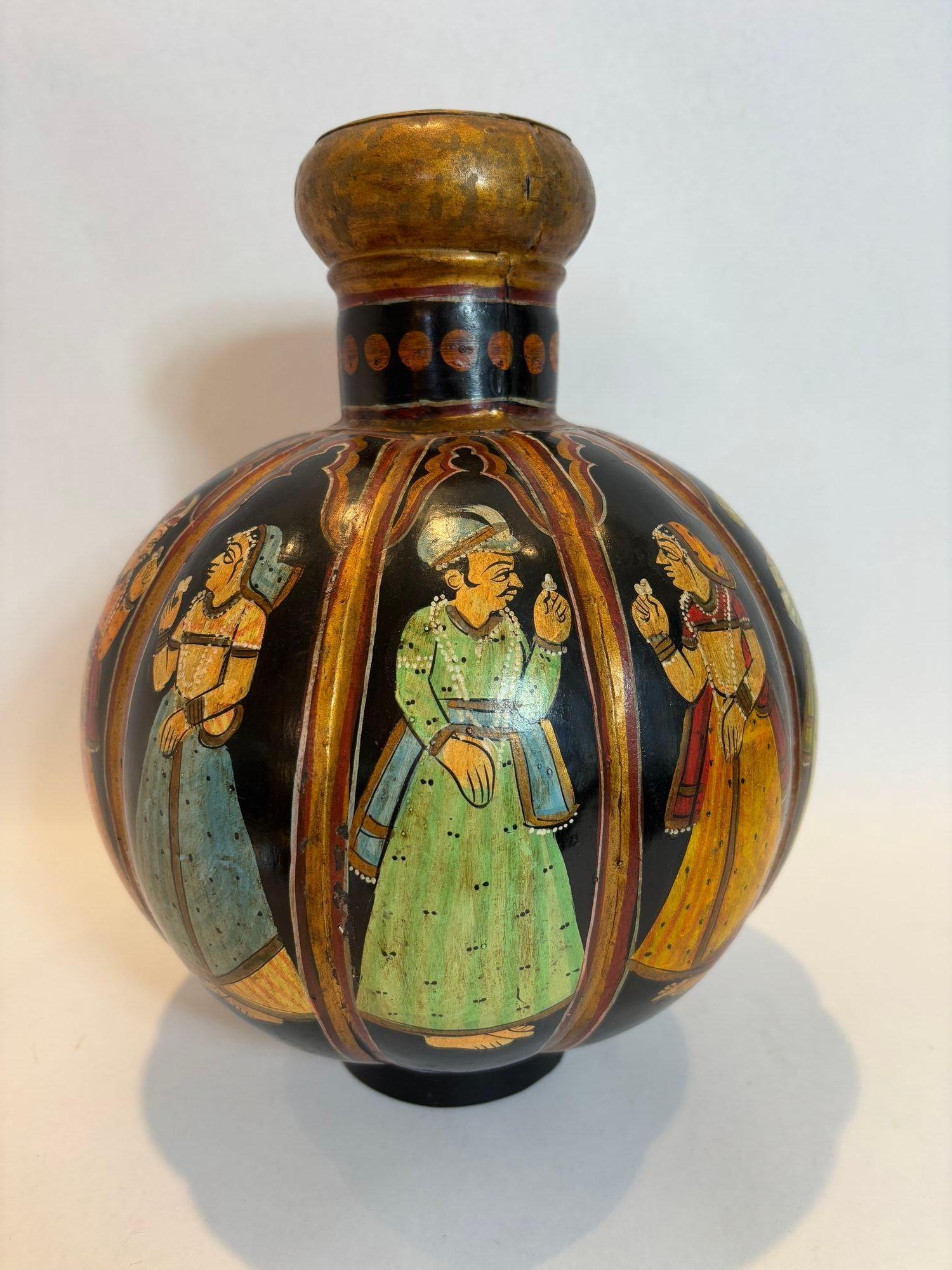 Vintage Indian Hand Painted Mughal Rajasthani Metal Water Vessel Vase For Sale 12