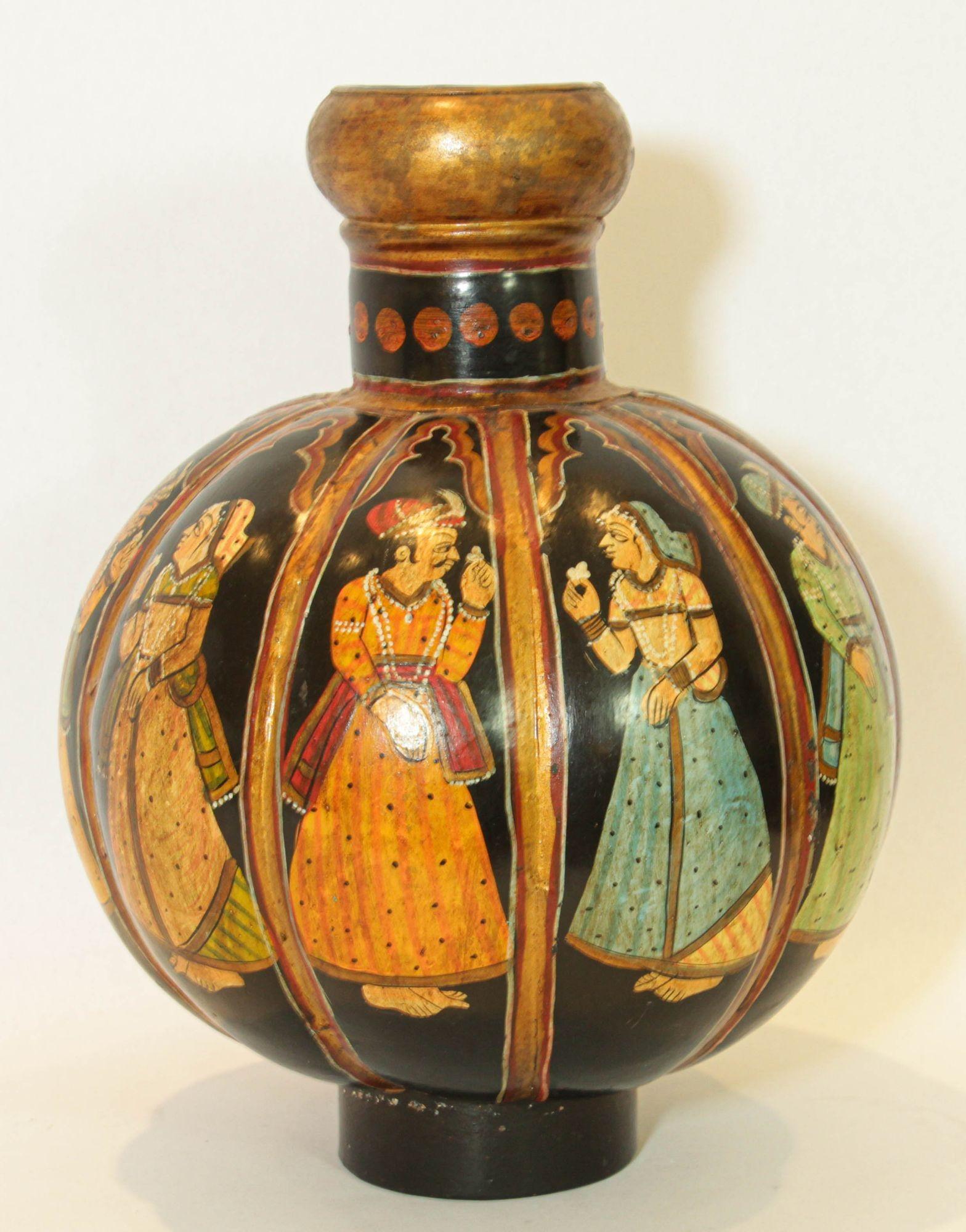 Anglo Raj Vintage Indian Hand Painted Mughal Rajasthani Metal Water Vessel Vase For Sale