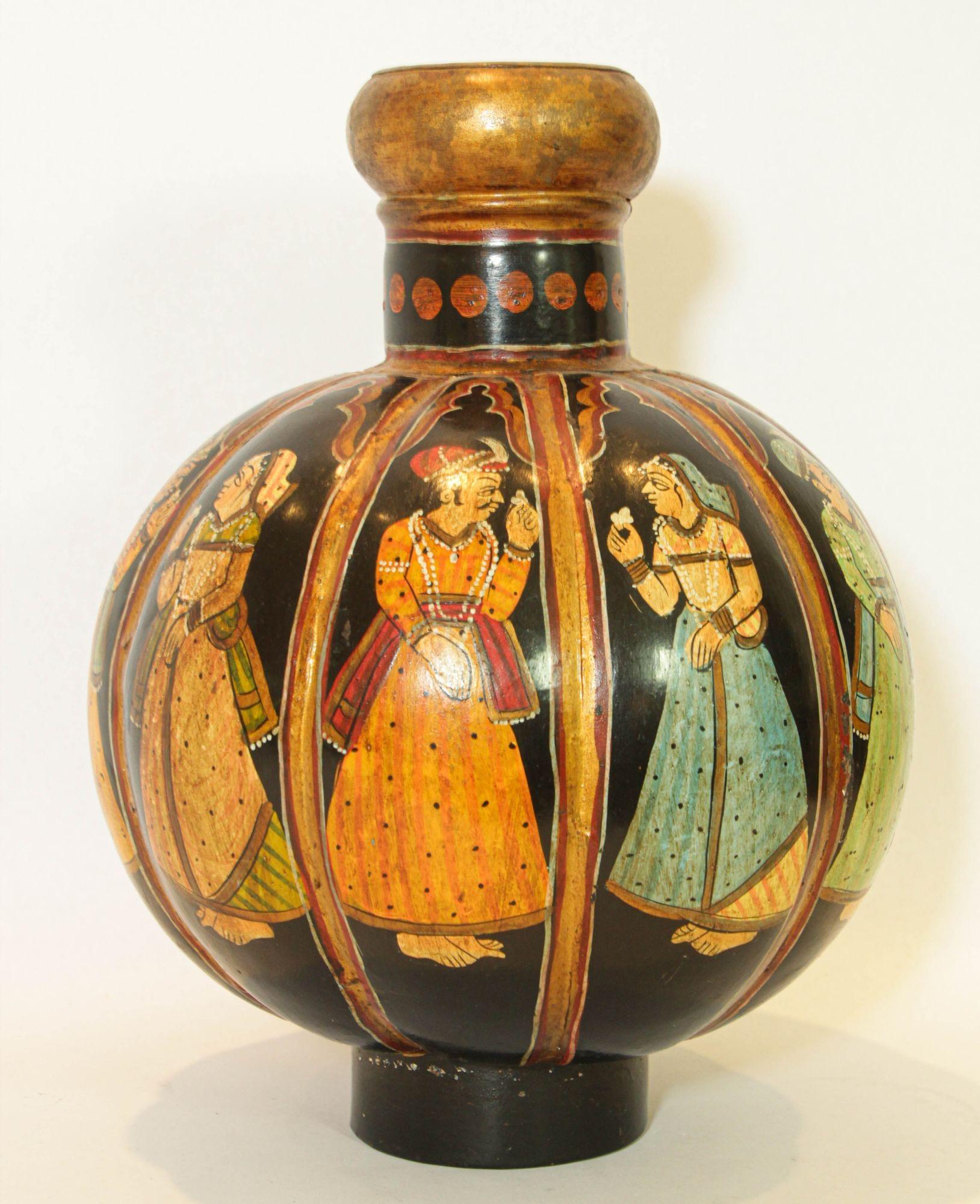 Hand-Painted Vintage Indian Hand Painted Mughal Rajasthani Metal Water Vessel Vase For Sale