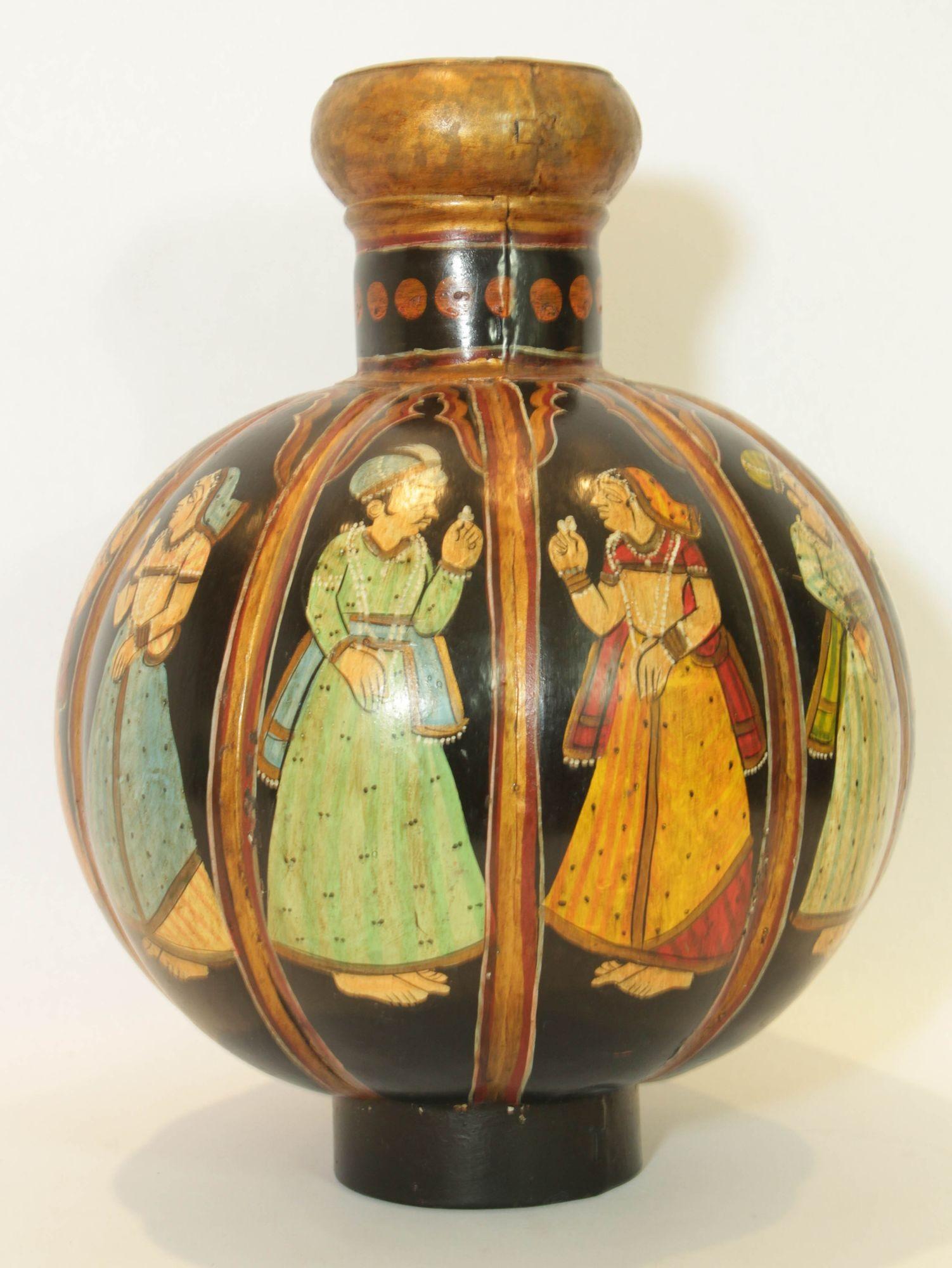Vintage Indian Hand Painted Mughal Rajasthani Metal Water Vessel Vase In Good Condition For Sale In North Hollywood, CA