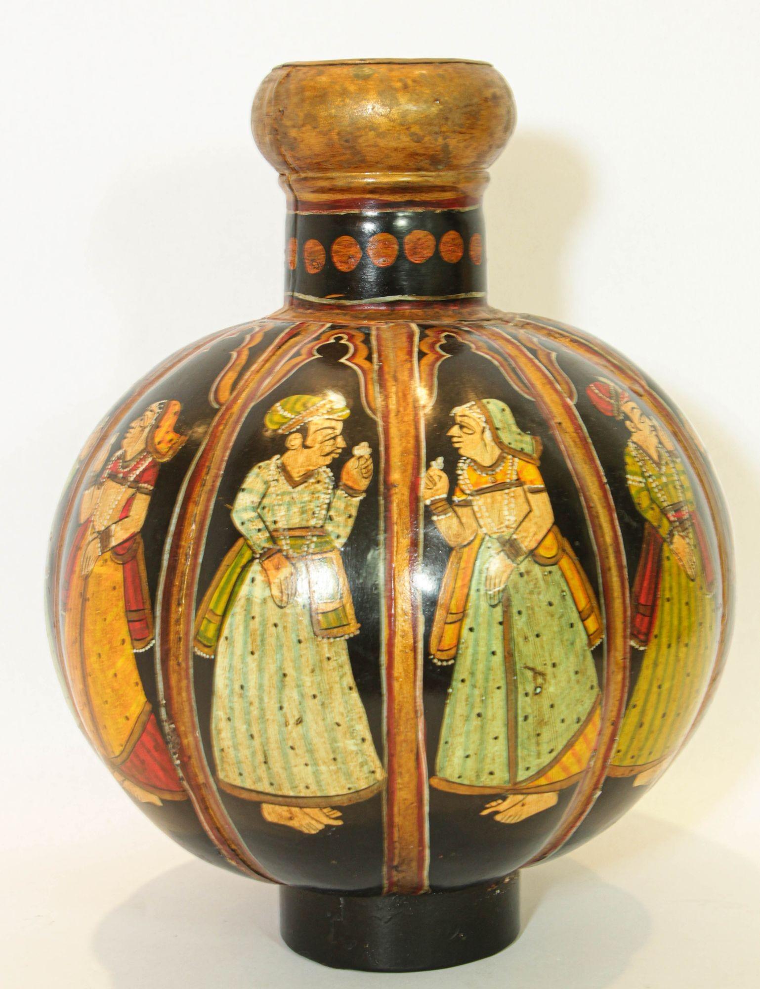 Vintage Indian Hand Painted Mughal Rajasthani Metal Water Vessel Vase For Sale 1