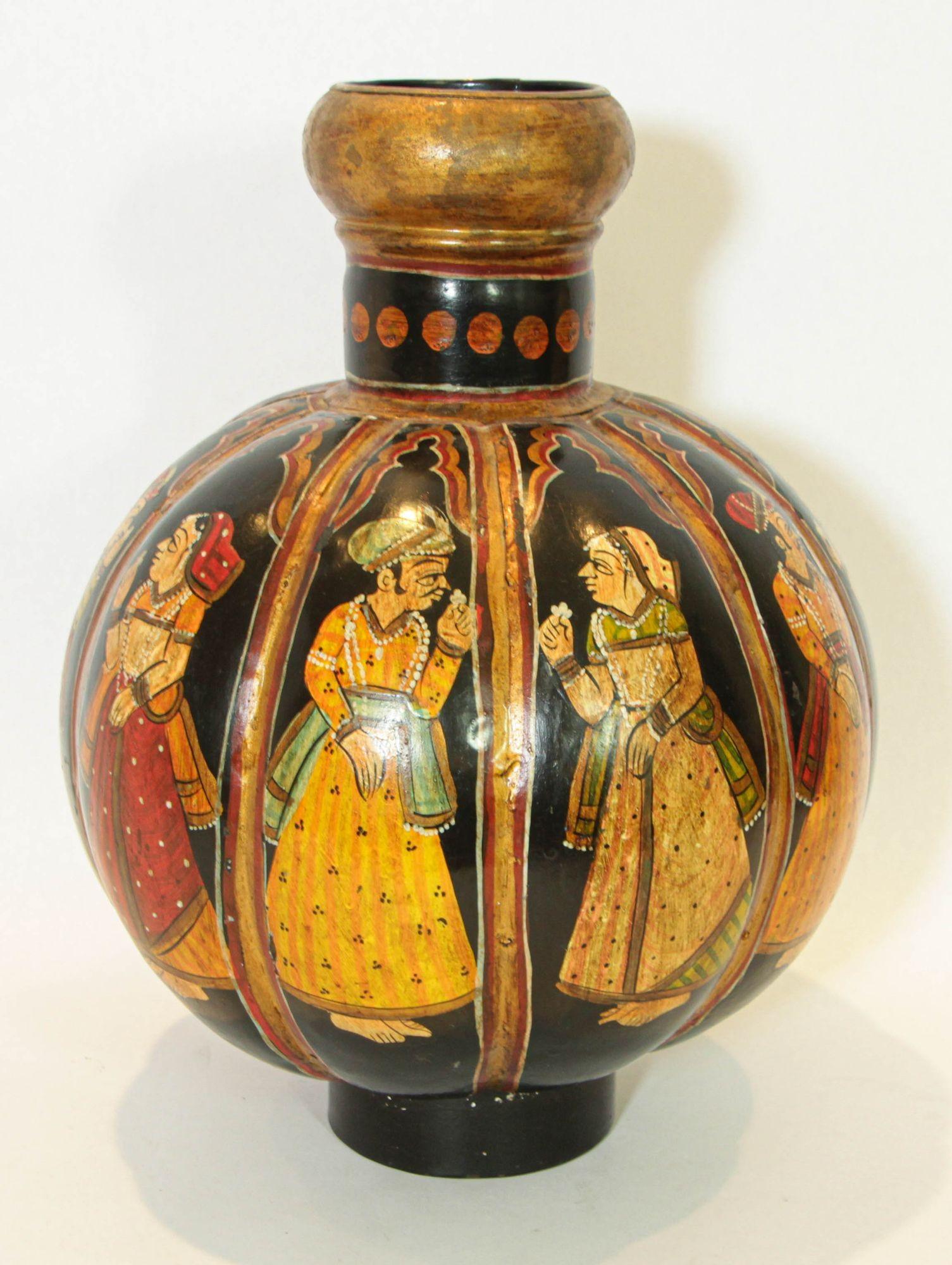 Vintage Indian Hand Painted Mughal Rajasthani Metal Water Vessel Vase For Sale 2