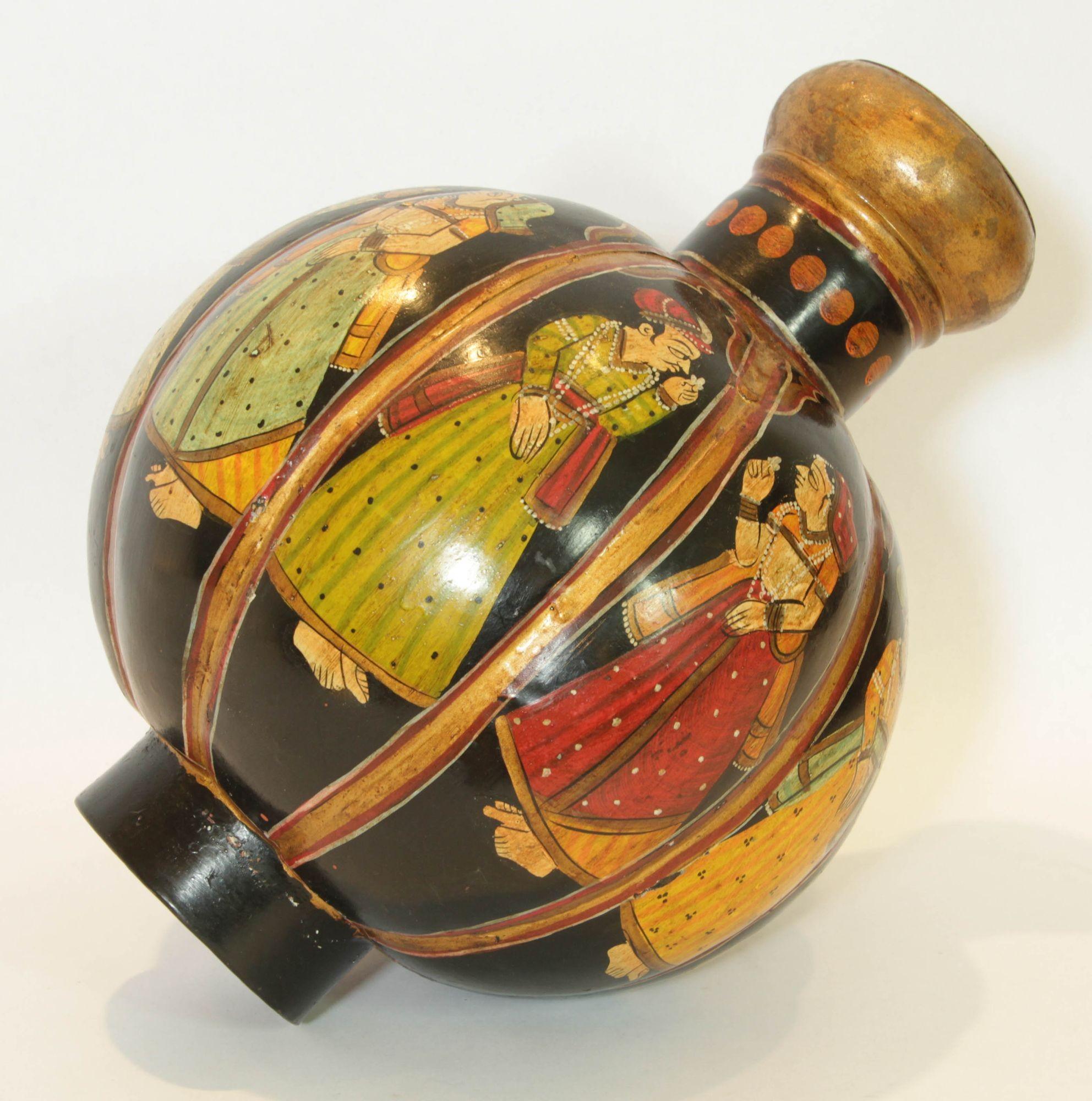 Vintage Indian Hand Painted Mughal Rajasthani Metal Water Vessel Vase For Sale 3