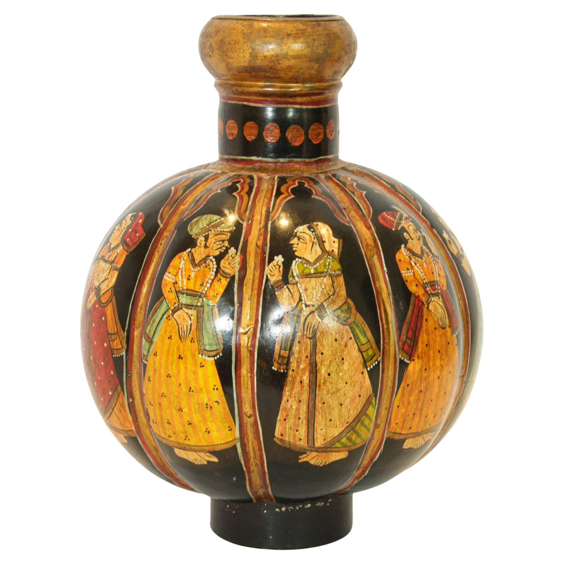 Vintage Indian Hand Painted Mughal Rajasthani Metal Water Vessel Vase For Sale