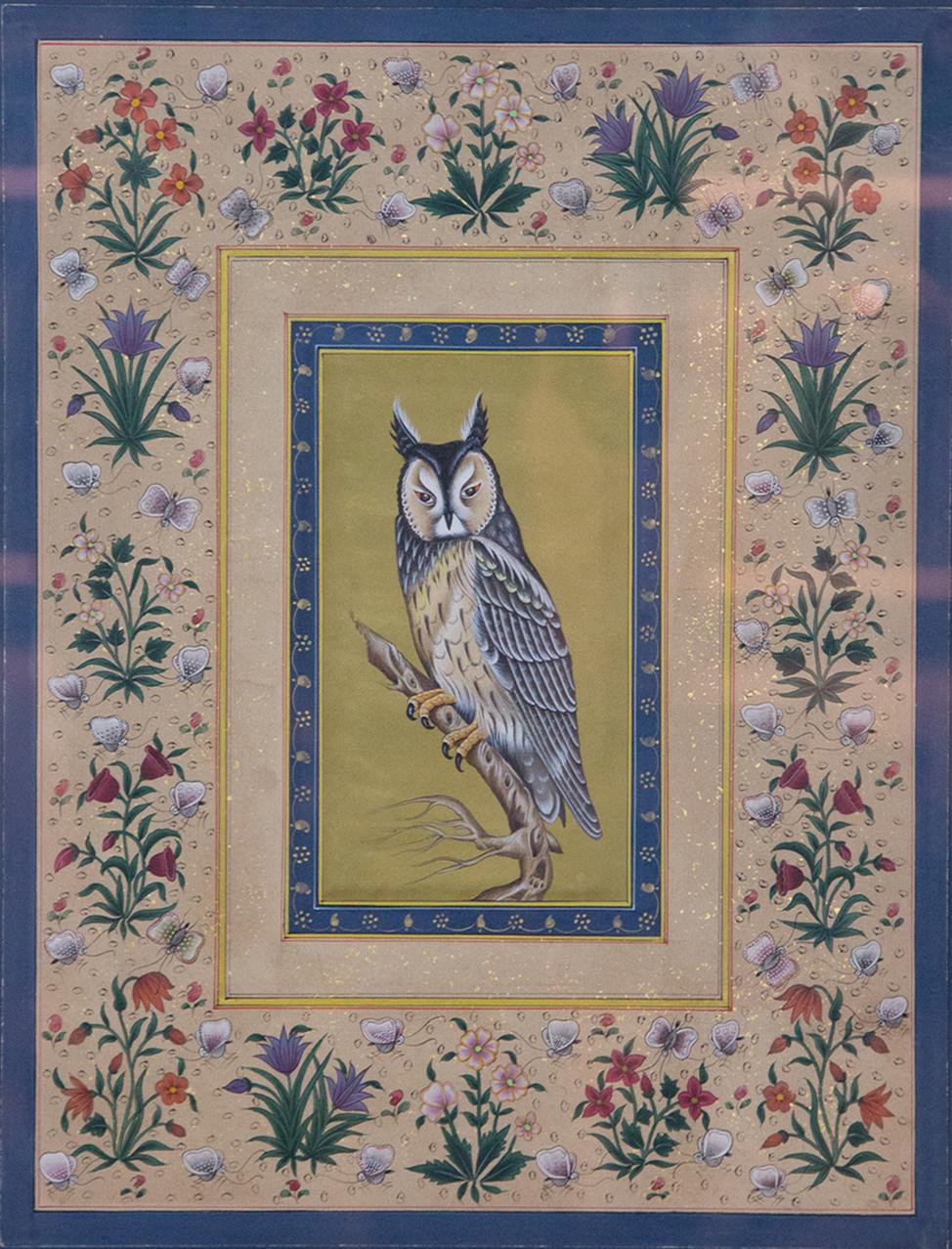 Vintage Indian Hand Painted Owl Surrounded by Flowers, Framed In Excellent Condition In New York, NY