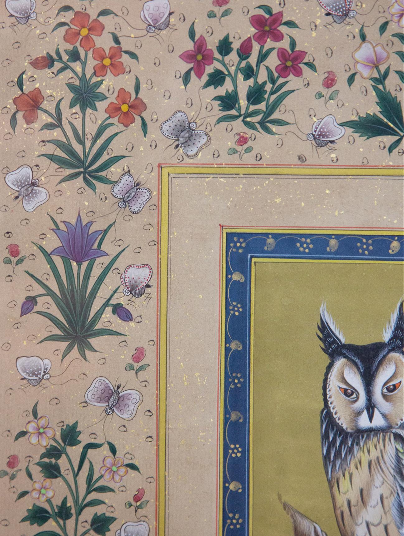 Vintage Indian Hand Painted Owl Surrounded by Flowers, Framed 1