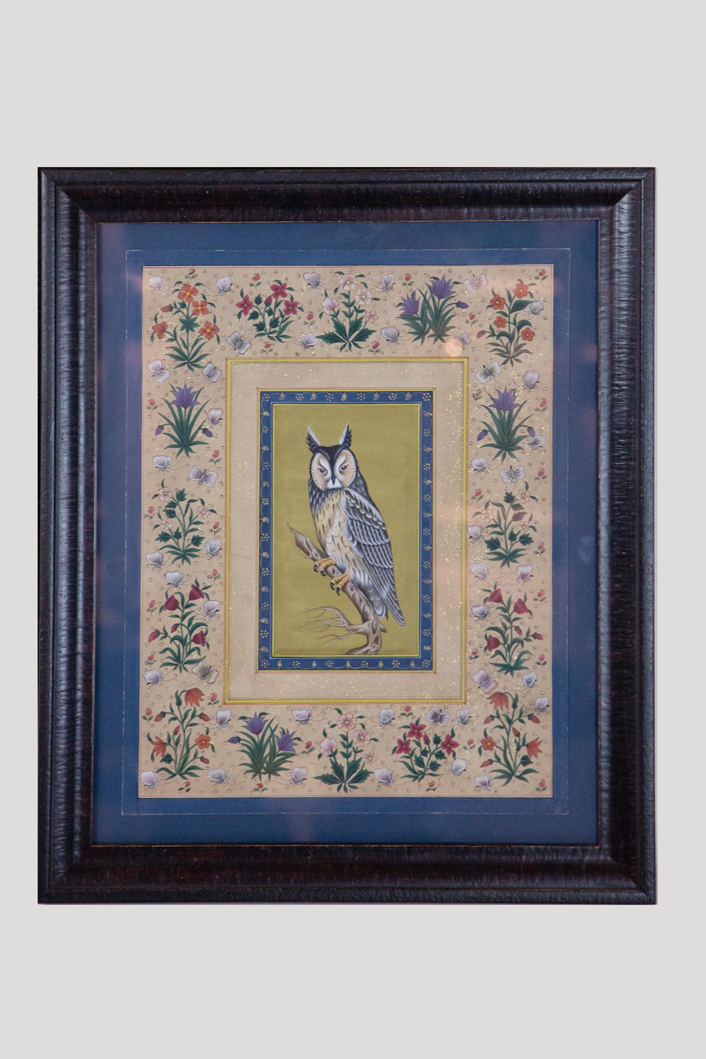 Vintage Indian Hand Painted Owl Surrounded by Flowers, Framed 2