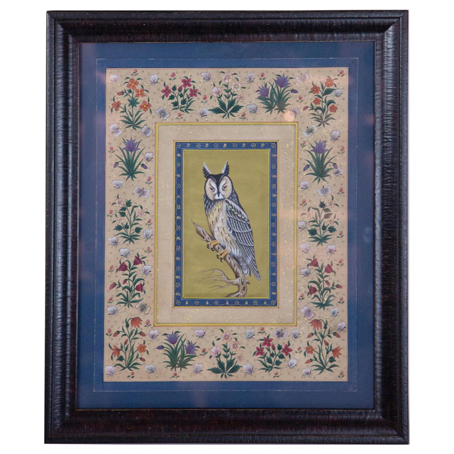 Vintage Indian Hand Painted Owl Surrounded by Flowers, Framed