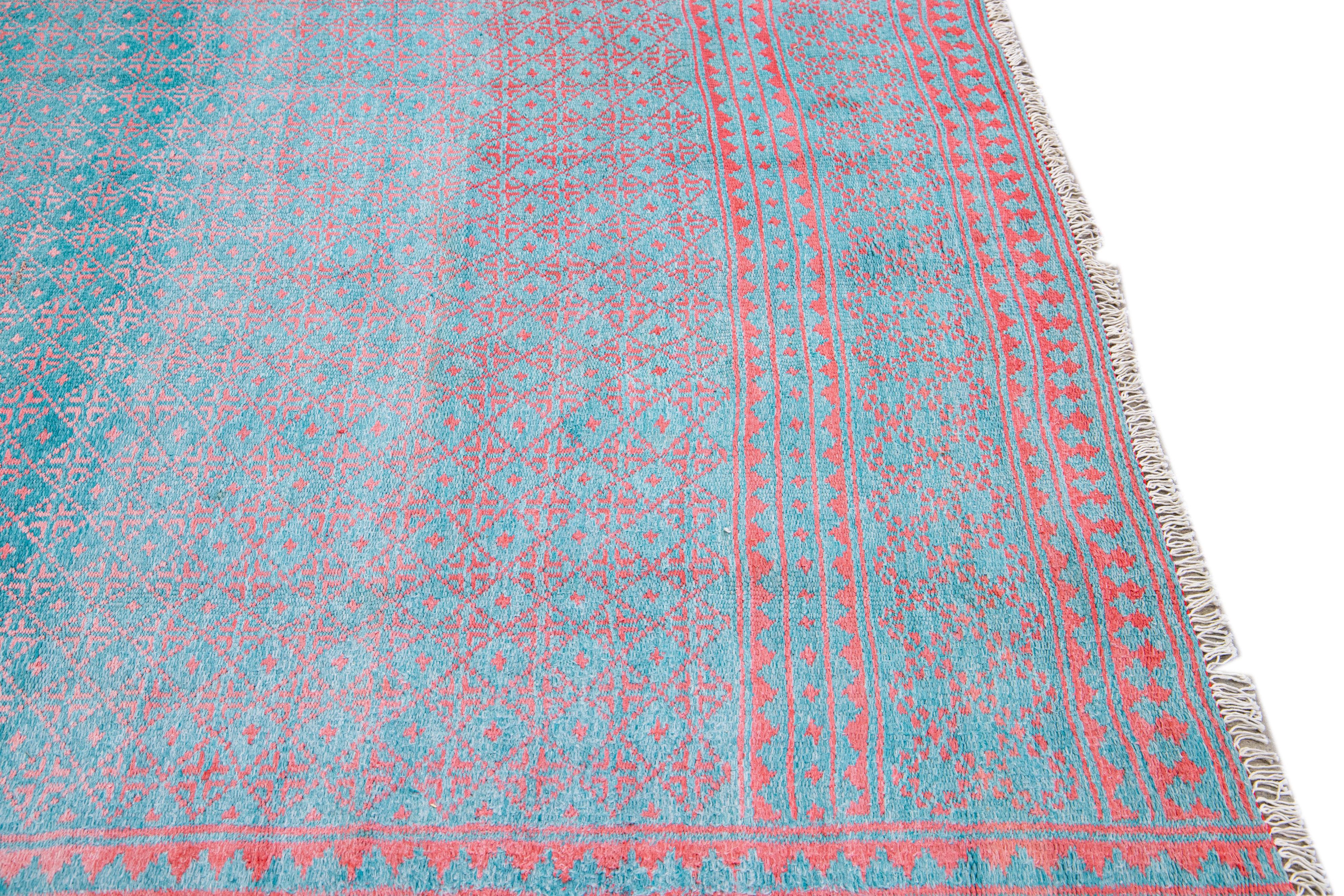 Vintage Indian Handmade Geometric Pattern Turquoise Wool & Cotton Rug For Sale 4