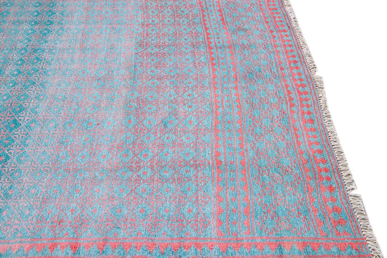 Vintage Indian Handmade Geometric Pattern Turquoise Wool and Cotton Rug ...