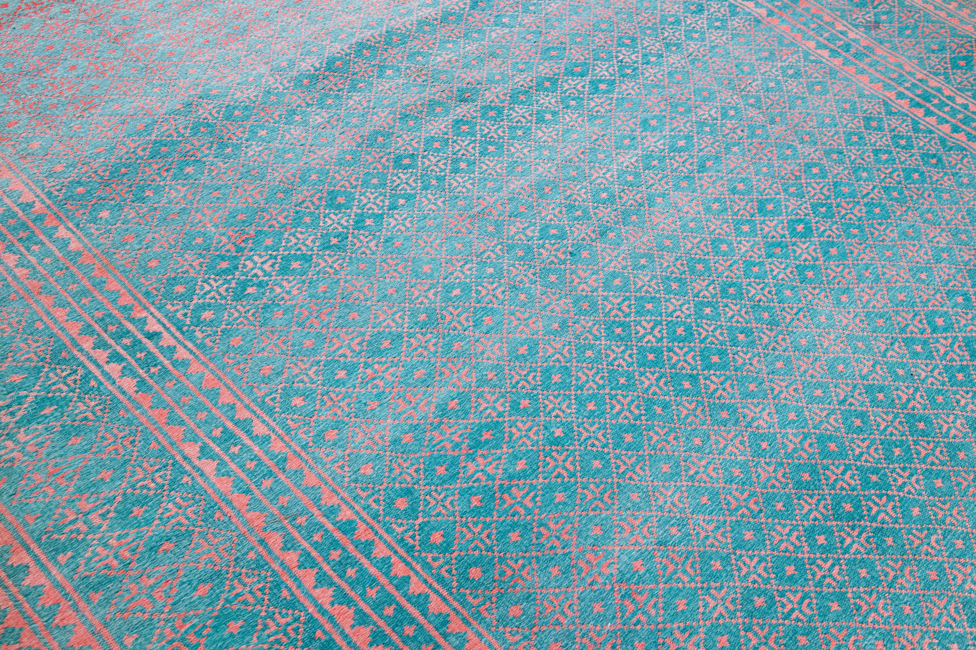 Vintage Indian Handmade Geometric Pattern Turquoise Wool & Cotton Rug For Sale 5