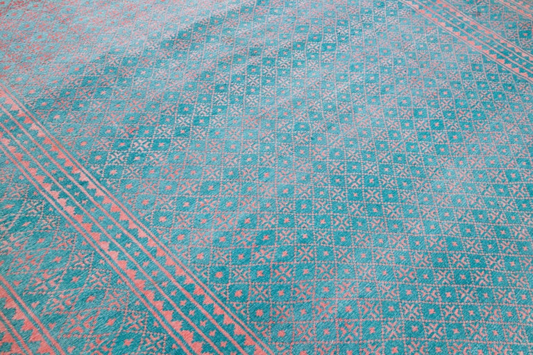 Vintage Indian Handmade Geometric Pattern Turquoise Wool and Cotton Rug ...