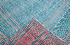 Vintage Indian Handmade Geometric Pattern Turquoise Wool & Cotton Rug
