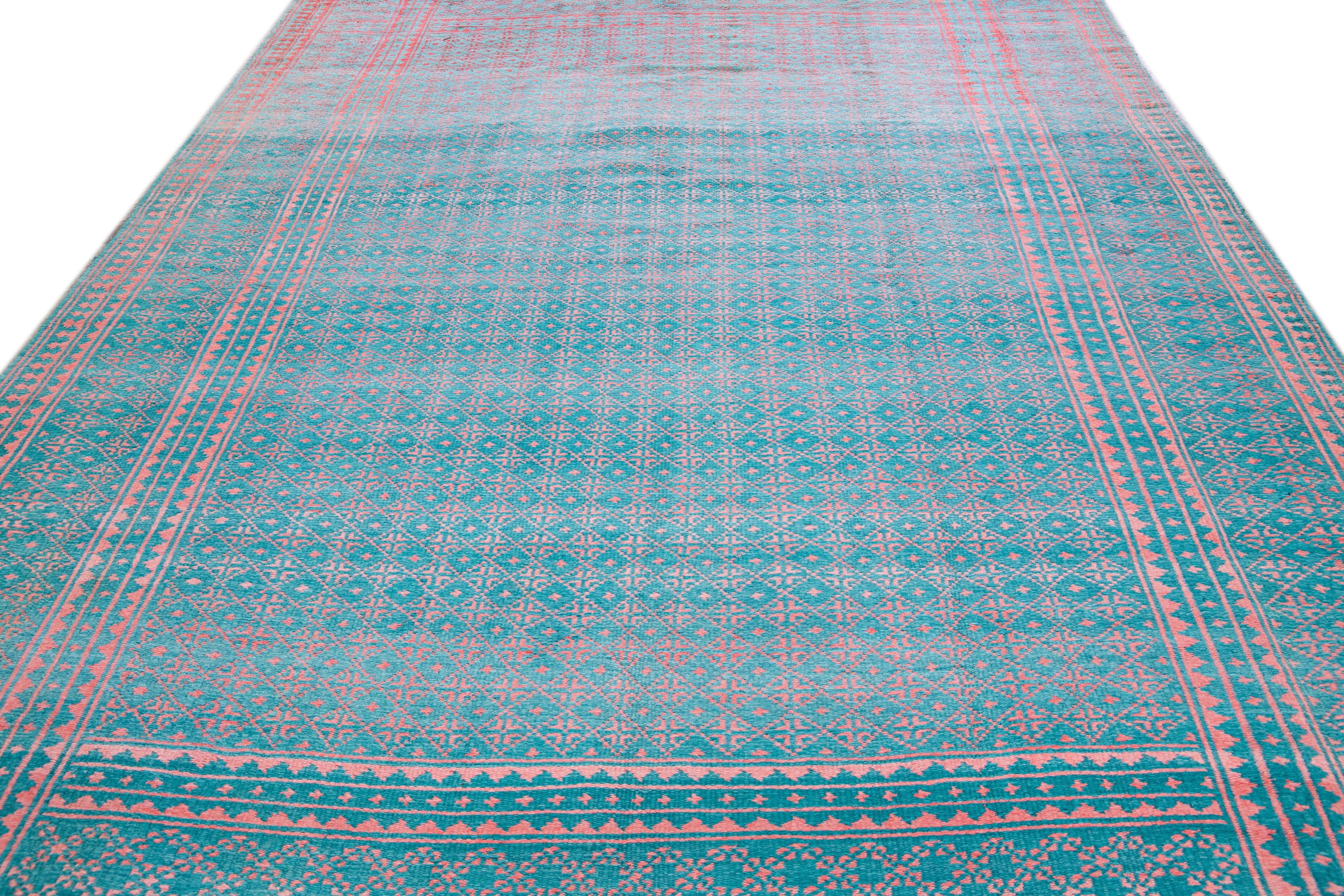 Mid-Century Modern Vintage Indian Handmade Geometric Pattern Turquoise Wool & Cotton Rug For Sale