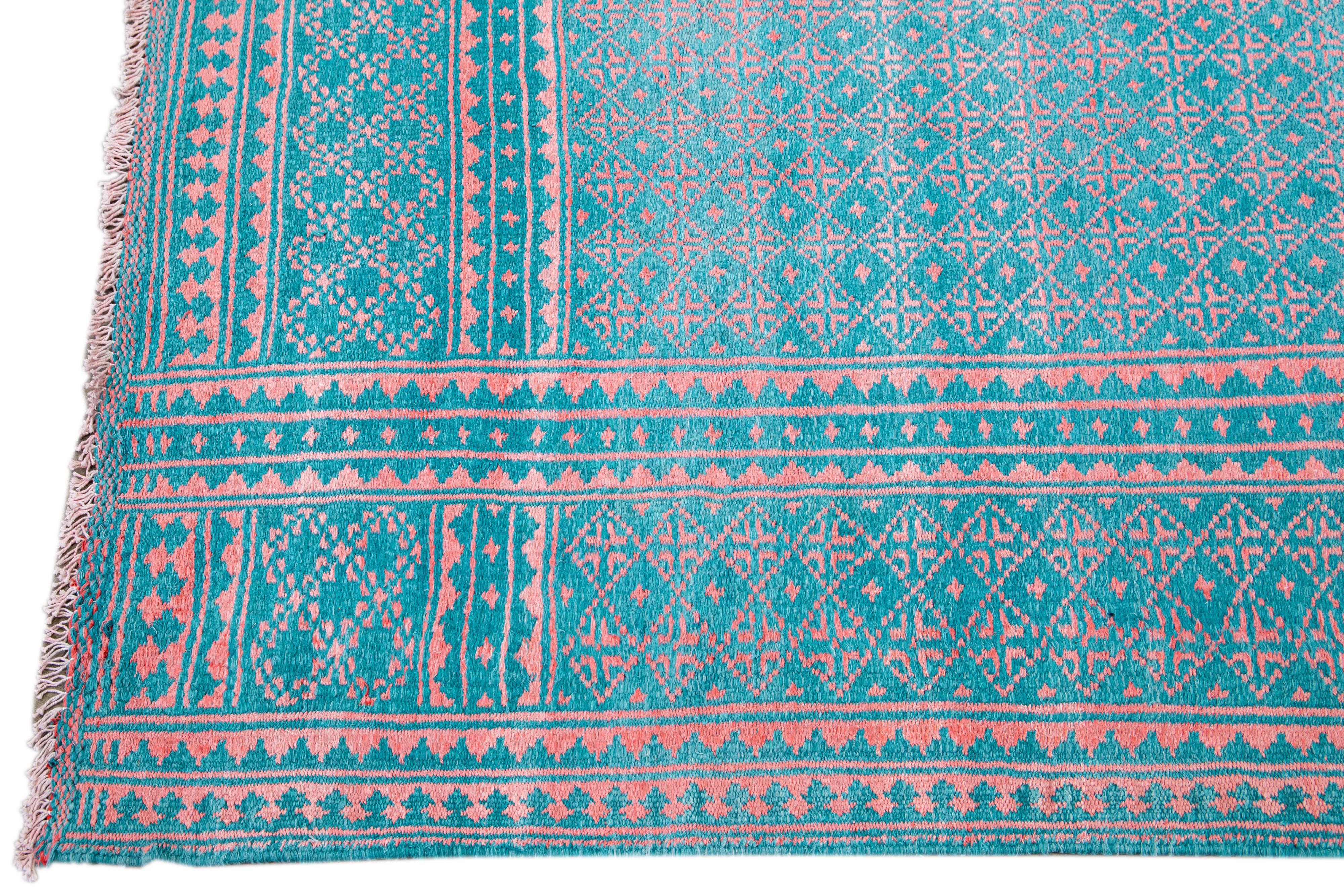 Hand-Knotted Vintage Indian Handmade Geometric Pattern Turquoise Wool & Cotton Rug For Sale