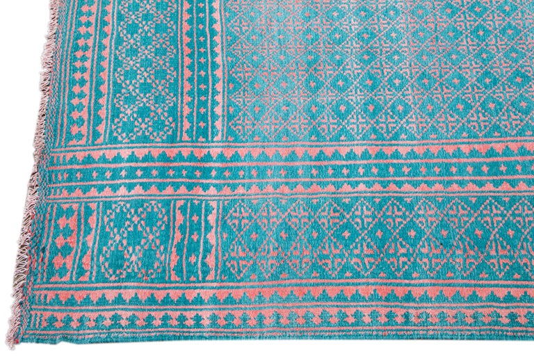 Vintage Indian Handmade Geometric Pattern Turquoise Wool and Cotton Rug ...