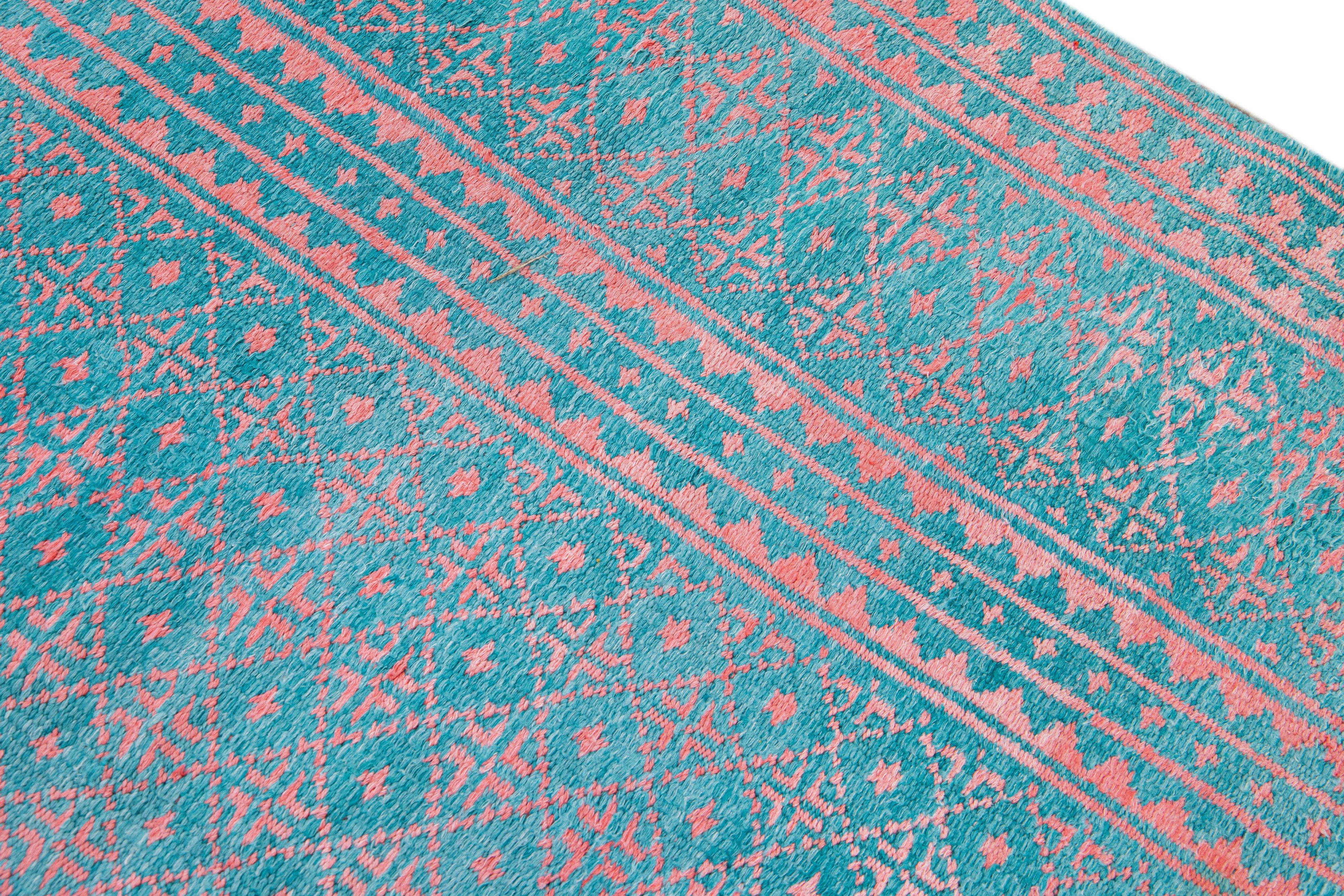 20th Century Vintage Indian Handmade Geometric Pattern Turquoise Wool & Cotton Rug For Sale