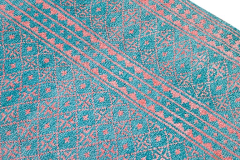 Vintage Indian Handmade Geometric Pattern Turquoise Wool and Cotton Rug ...