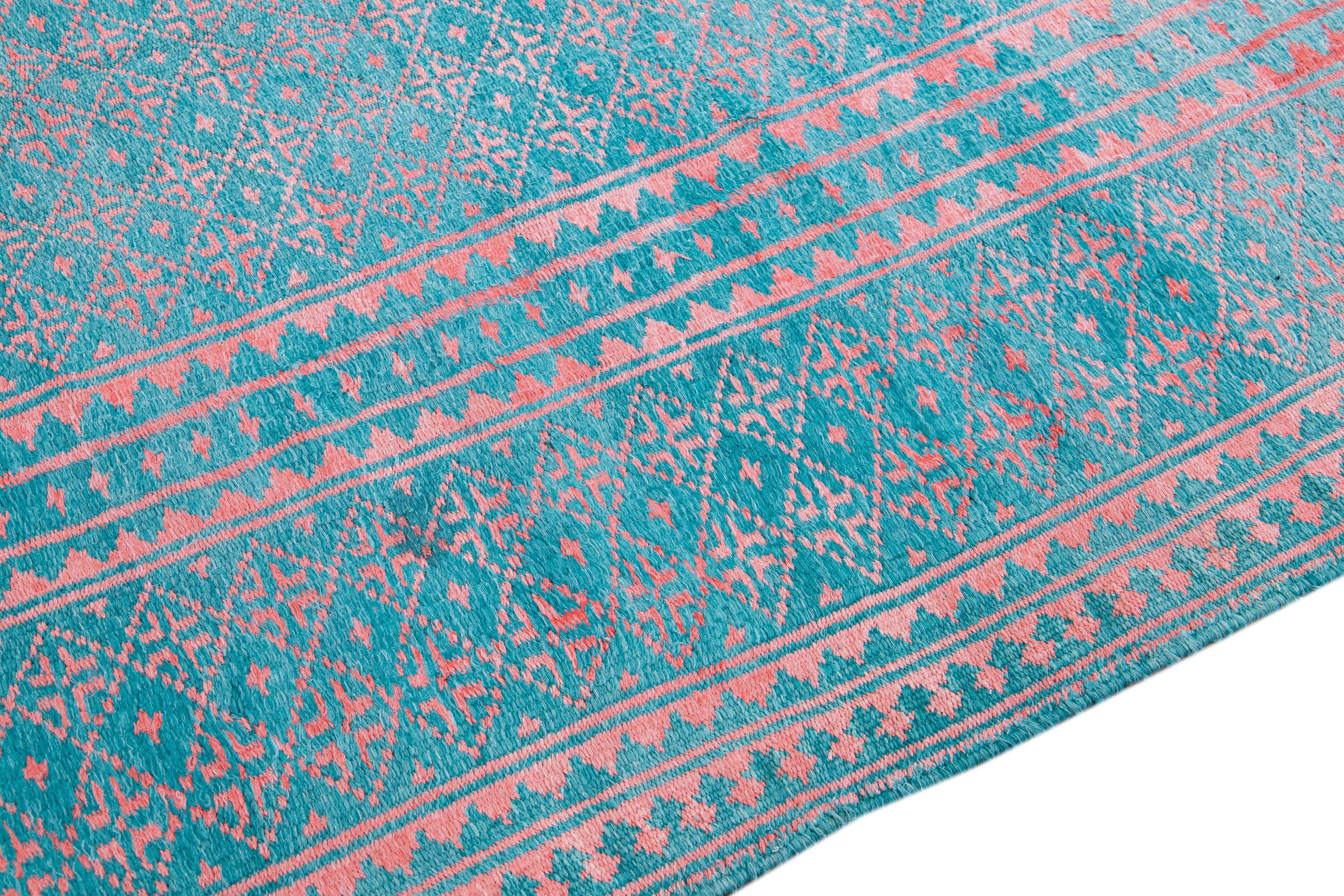 Vintage Indian Handmade Geometric Pattern Turquoise Wool & Cotton Rug For Sale 2