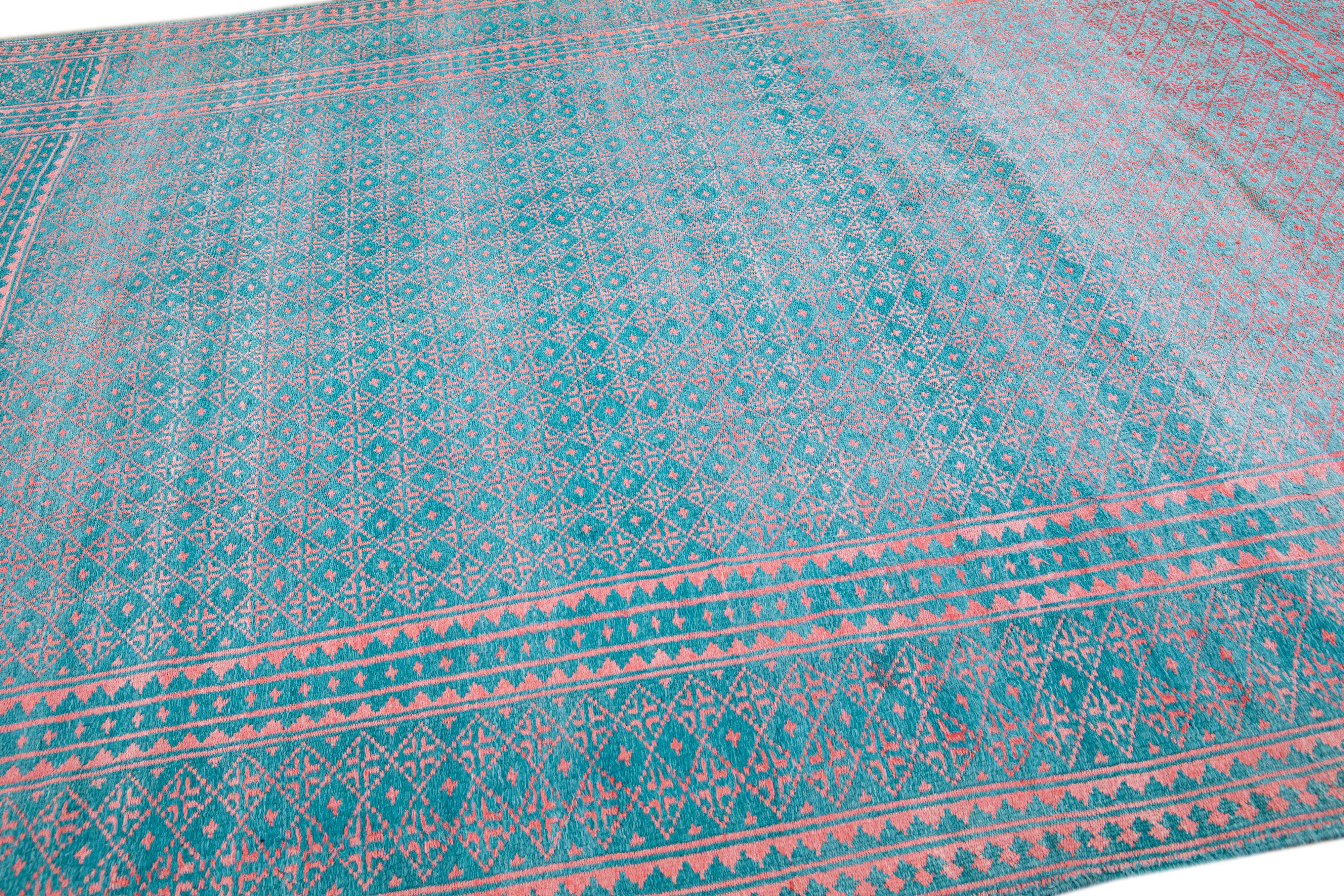 Vintage Indian Handmade Geometric Pattern Turquoise Wool & Cotton Rug For Sale 3