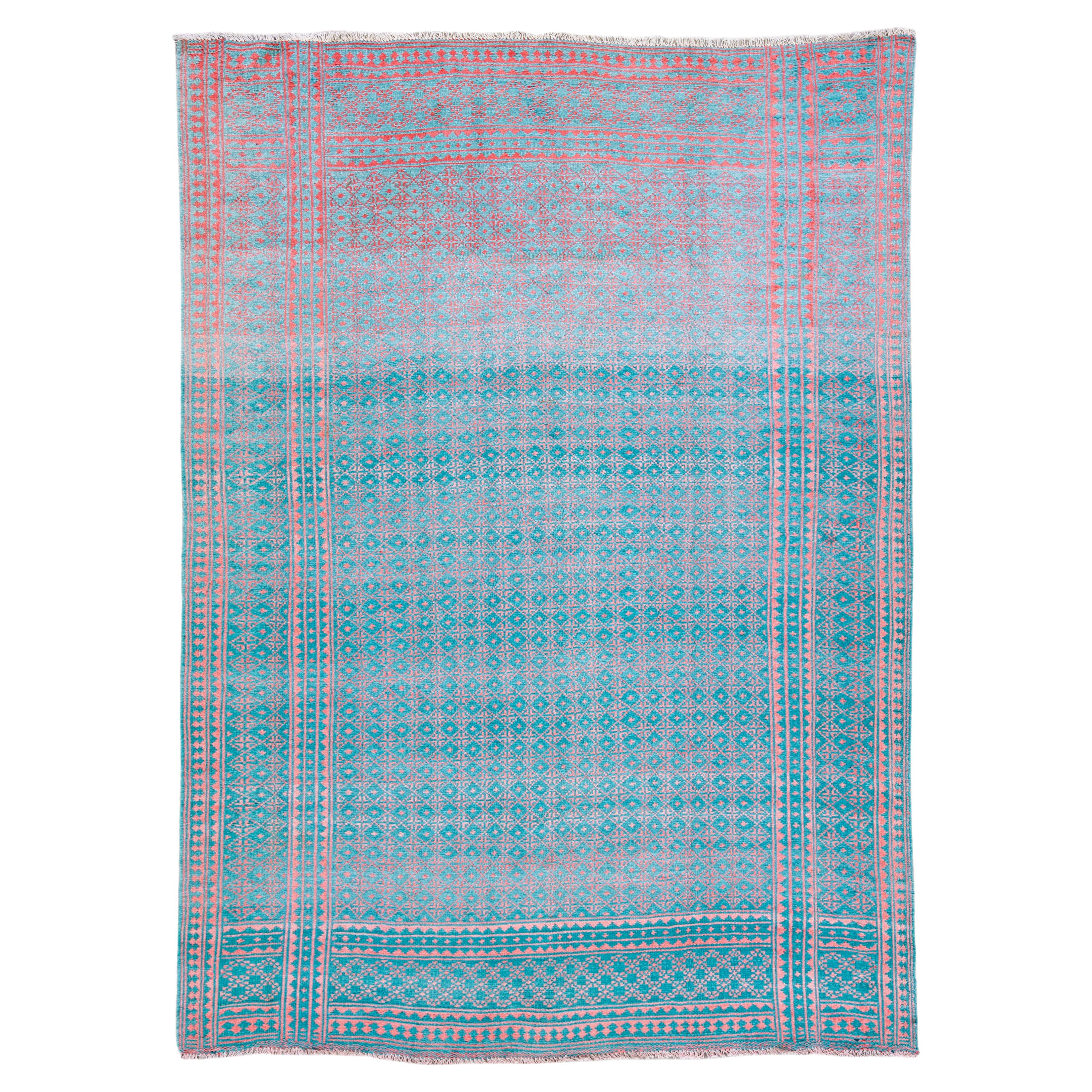 Vintage Indian Handmade Geometric Pattern Turquoise Wool & Cotton Rug