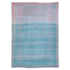 Retro Indian Handmade Geometric Pattern Turquoise Wool & Cotton Rug