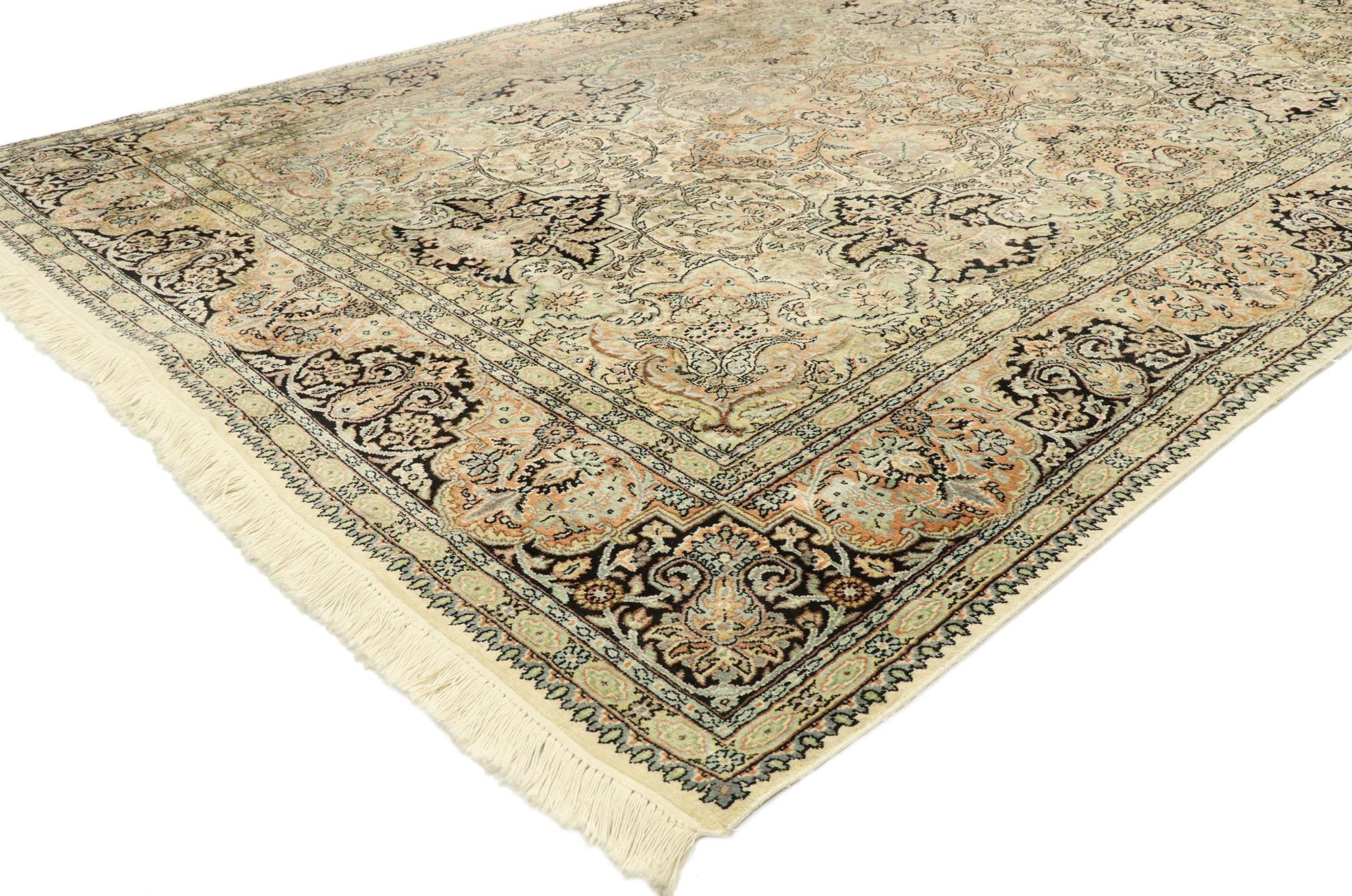 77533 vintage Indian Kashmir rug with Art Nouveau Rococo style. With ornate details and well-balanced symmetry combined with a dreamy color palette, this hand knotted wool vintage Indian Kashmir rug beautifully embodies both Art Nouveau and Rococo