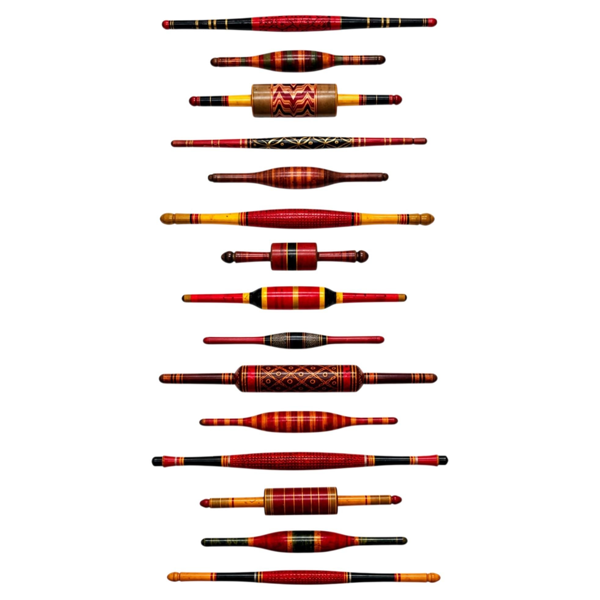 Vintage Indian Lacquered Wooden Rolling Pin Wall Sculpture, Set of 15