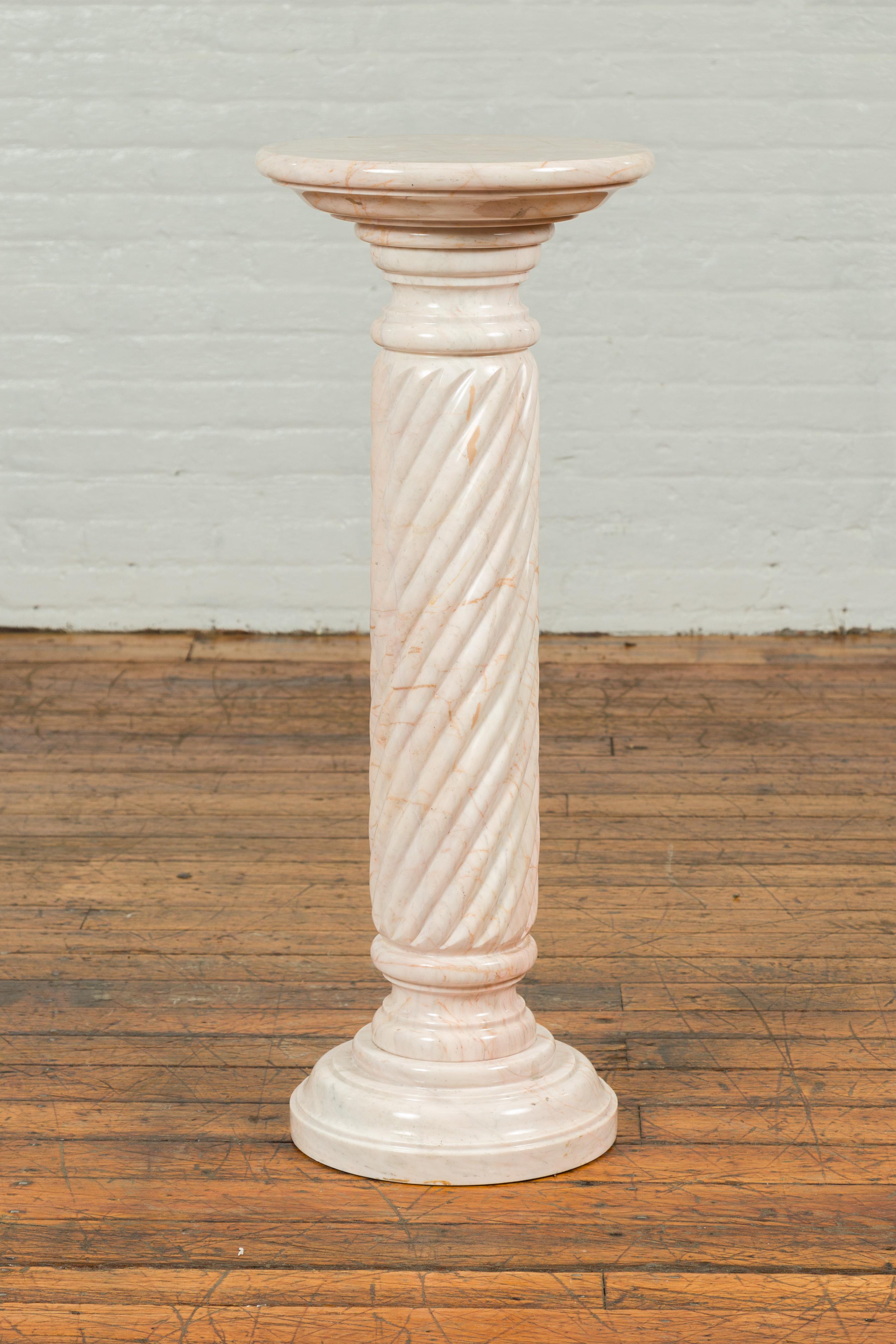 Vintage Indian Light Pink Marble Pedestal with Swirly Motifs and Pastel Veins 3