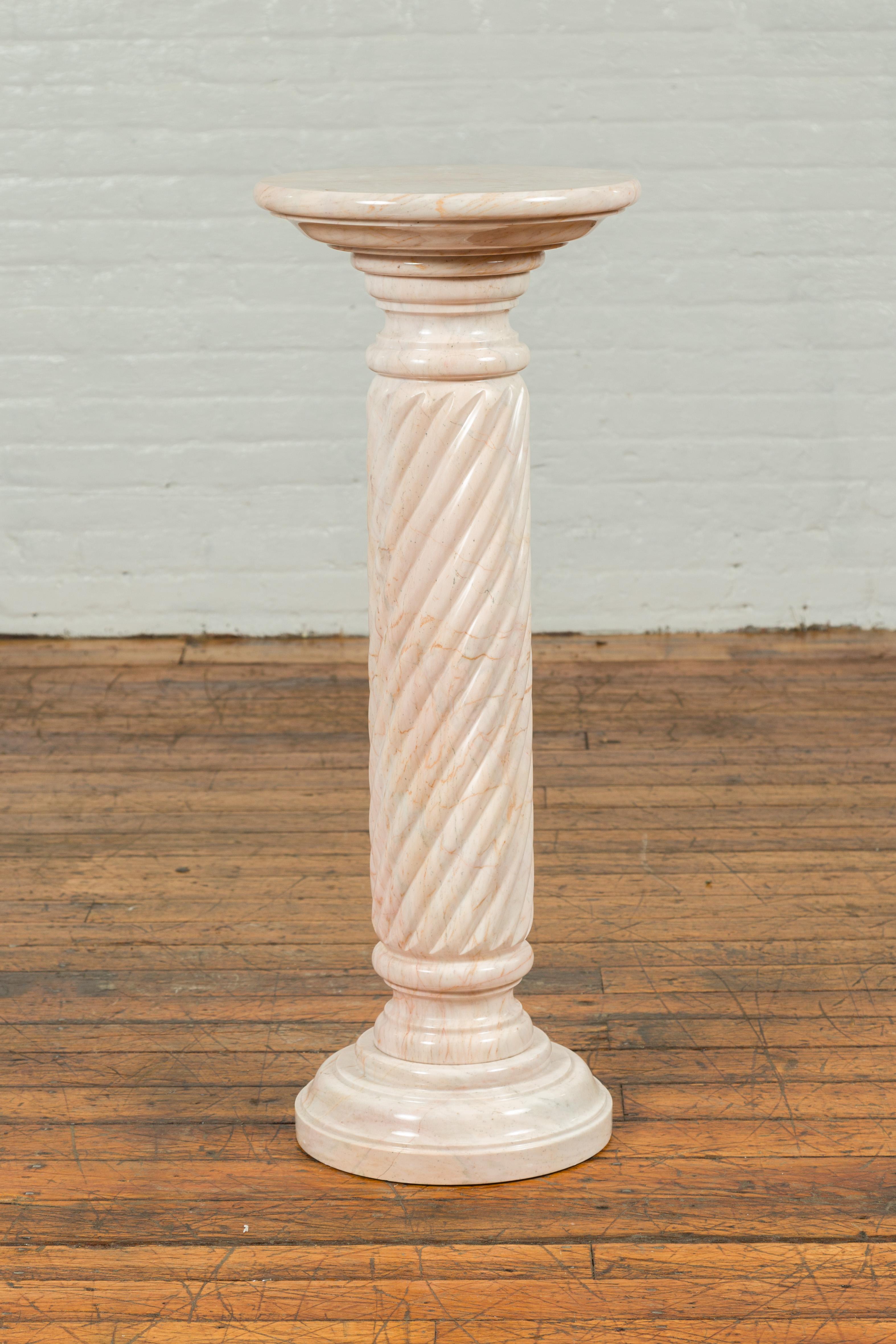 Vintage Indian Light Pink Marble Pedestal with Swirly Motifs and Pastel Veins 4