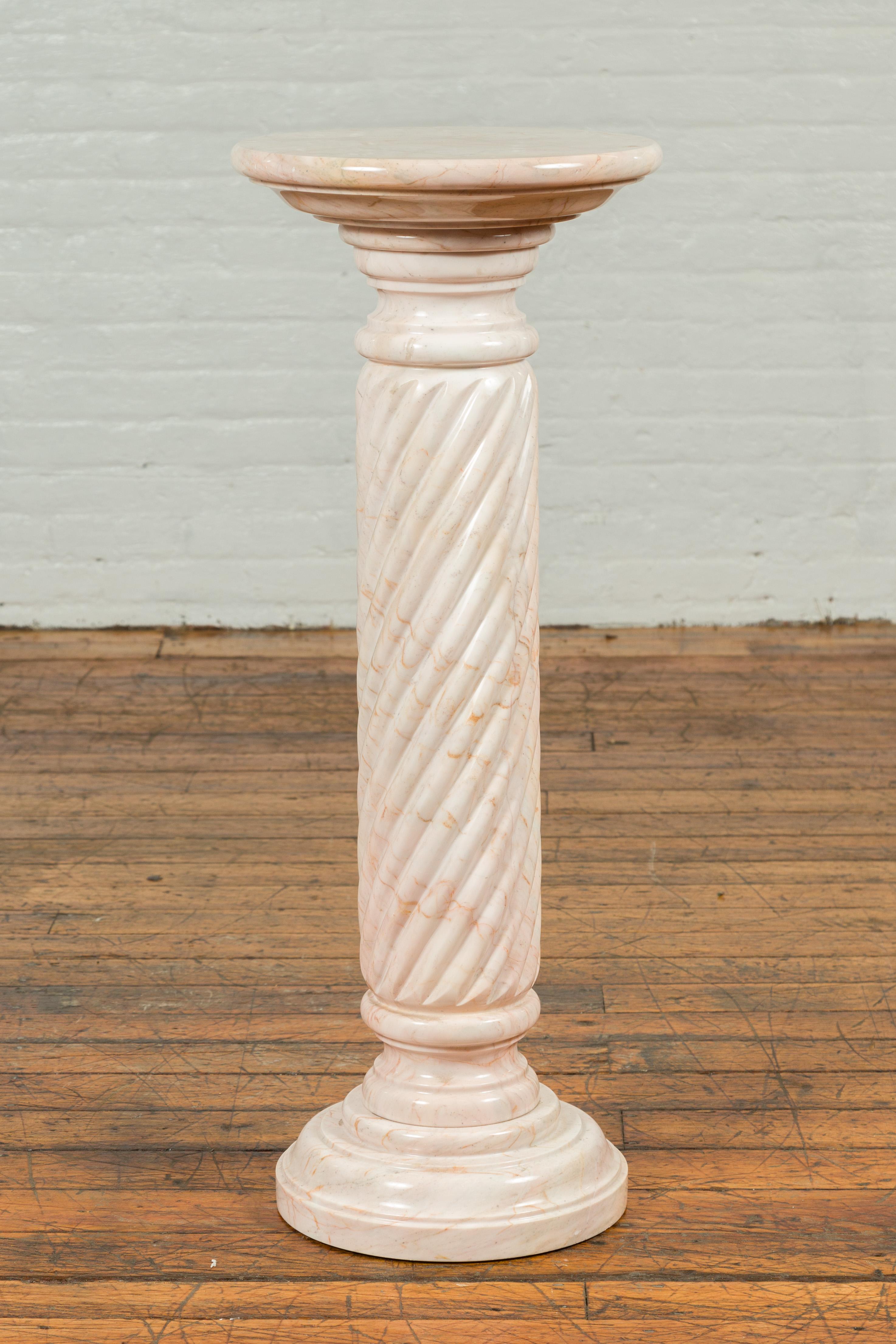 Vintage Indian Light Pink Marble Pedestal with Swirly Motifs and Pastel Veins 5