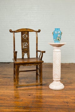 Vintage Indian Light Pink Marble Pedestal with Swirly Motifs and Pastel Veins