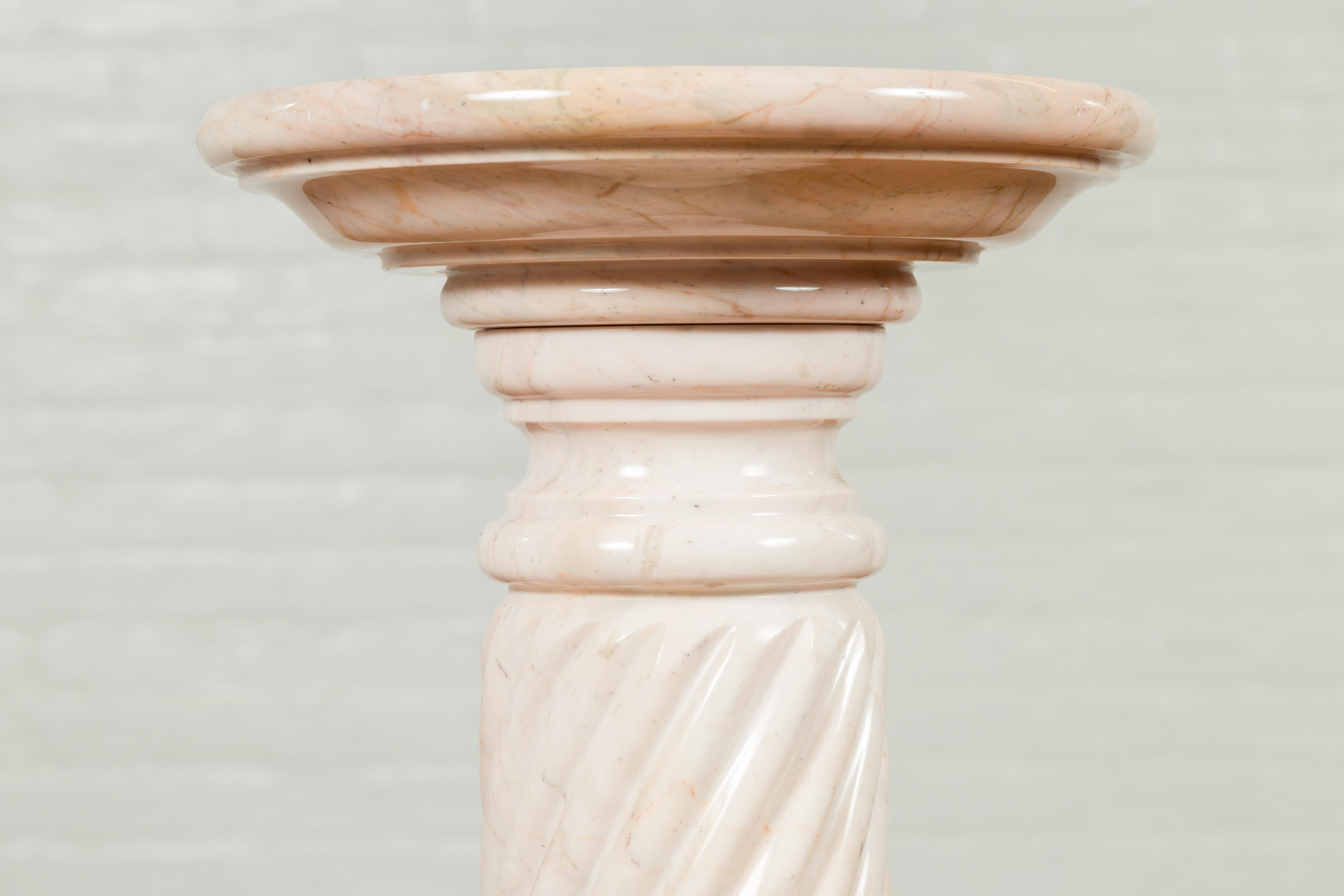 Vintage Indian Light Pink Marble Pedestal with Swirly Motifs and Pastel Veins In Good Condition In Yonkers, NY