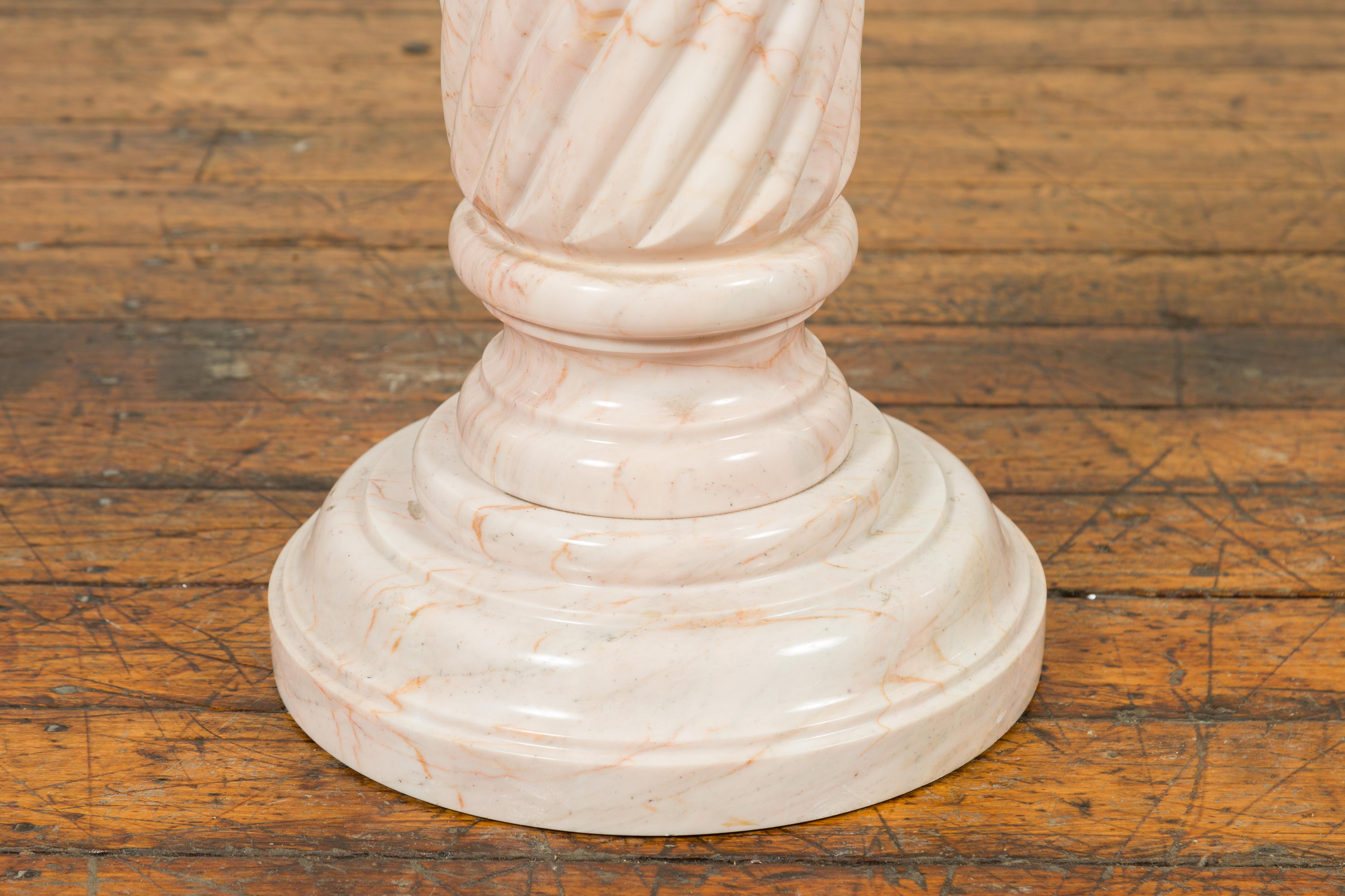 Vintage Indian Light Pink Marble Pedestal with Swirly Motifs and Pastel Veins 1