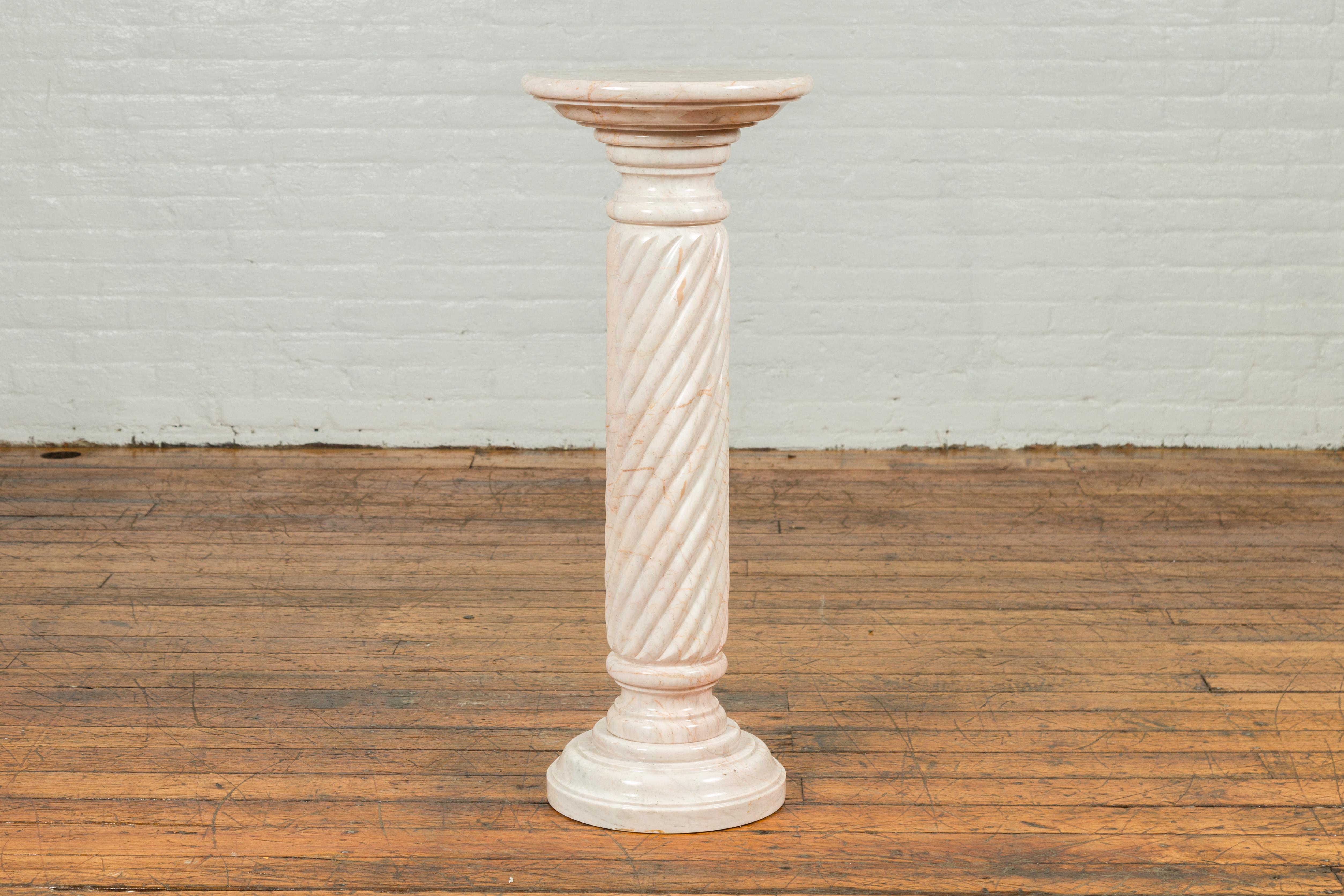 Vintage Indian Light Pink Marble Pedestal with Swirly Motifs and Pastel Veins 2