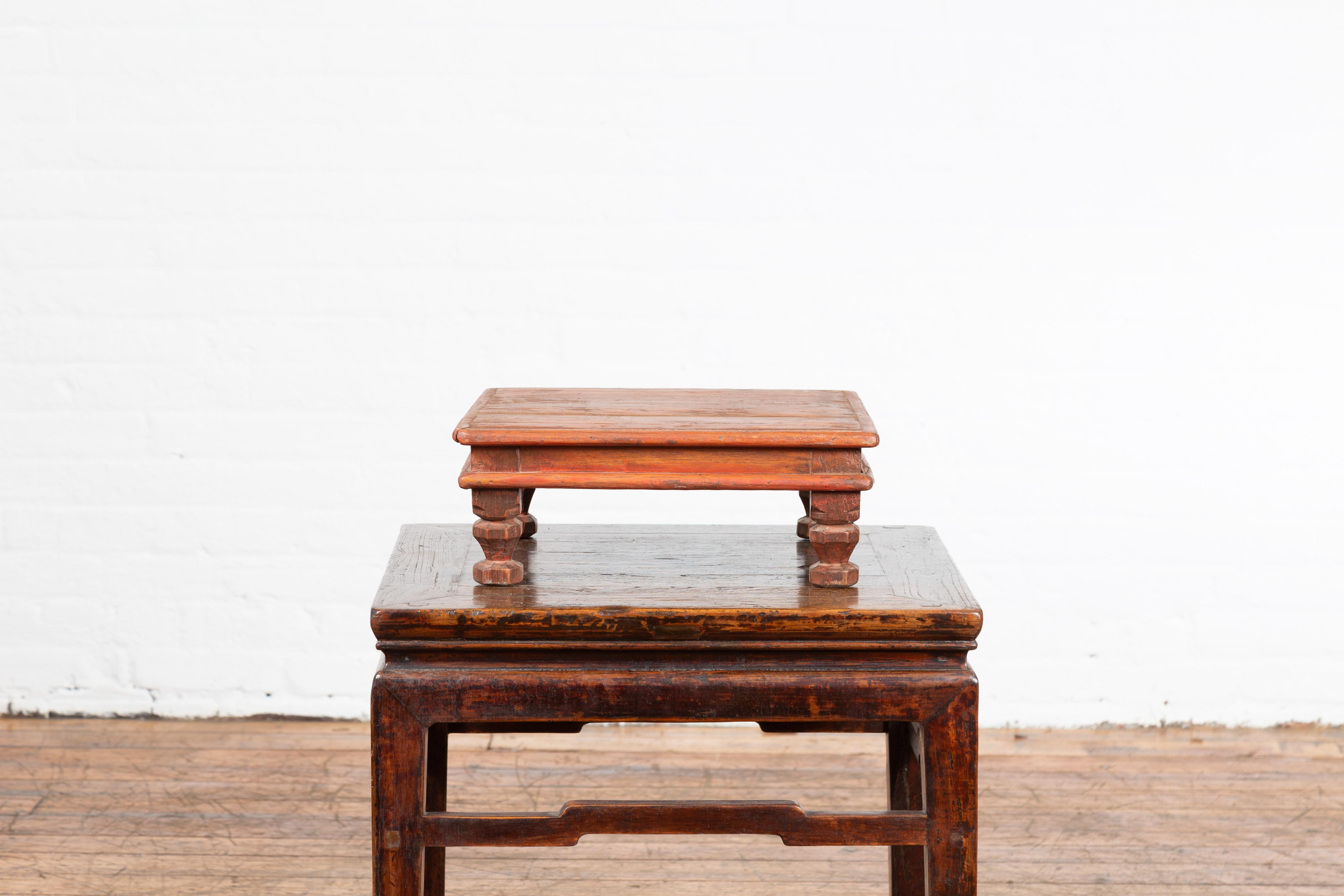 Vintage Indian Low Wooden Prayer Table Stand with Carved Angular Legs For Sale 4