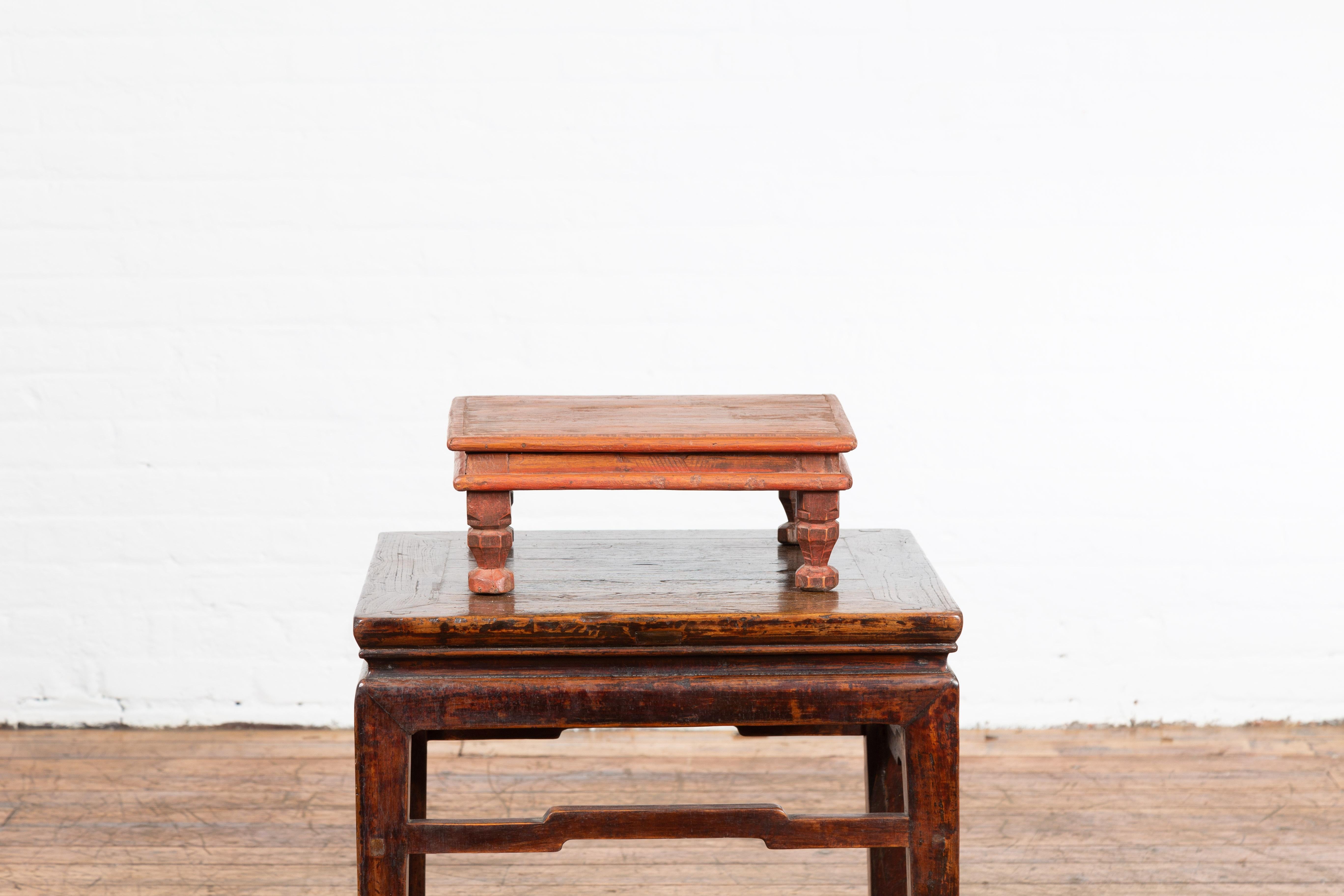 Vintage Indian Low Wooden Prayer Table Stand with Carved Angular Legs For Sale 6