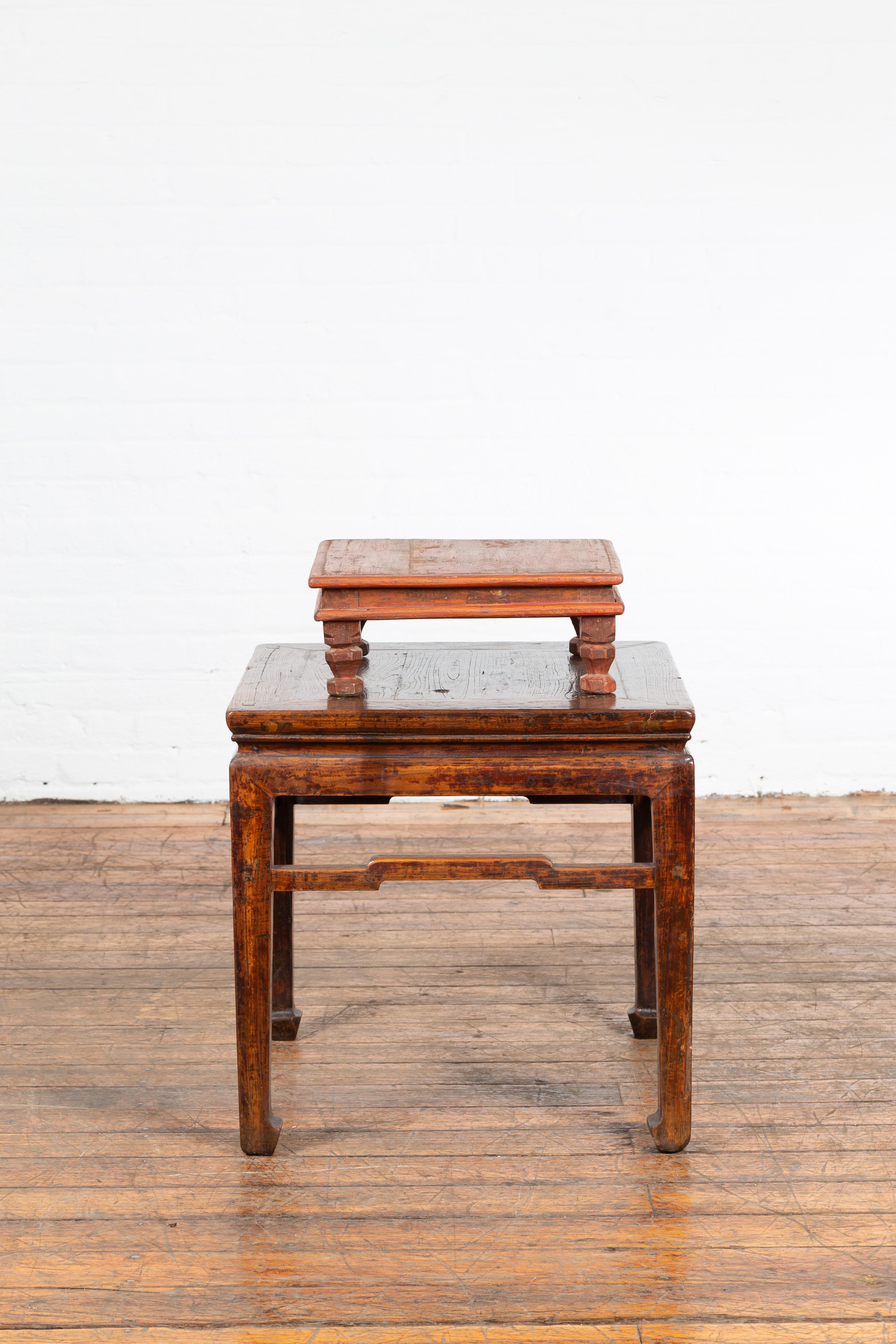 Vintage Indian Low Wooden Prayer Table Stand with Carved Angular Legs In Good Condition For Sale In Yonkers, NY