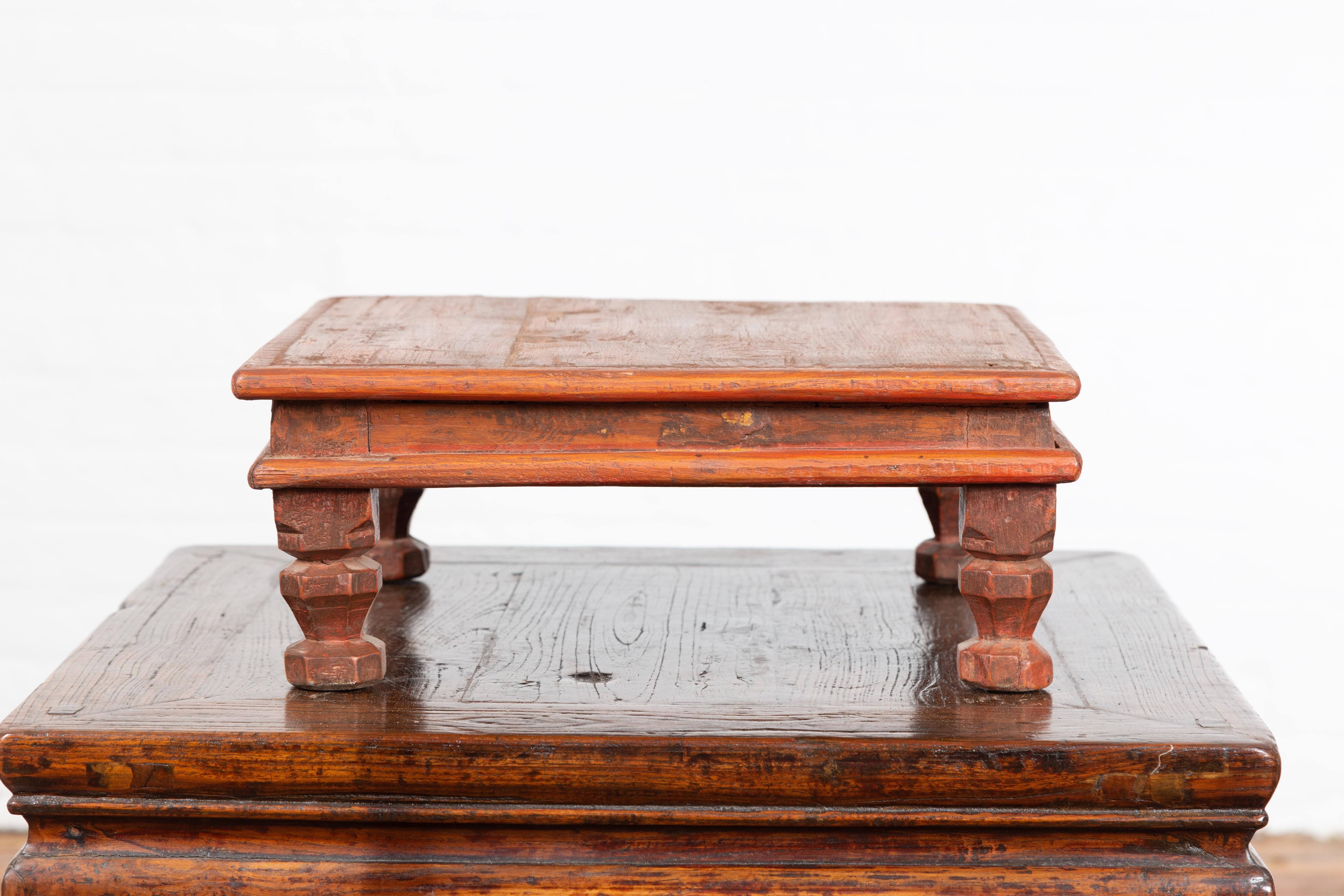20th Century Vintage Indian Low Wooden Prayer Table Stand with Carved Angular Legs For Sale