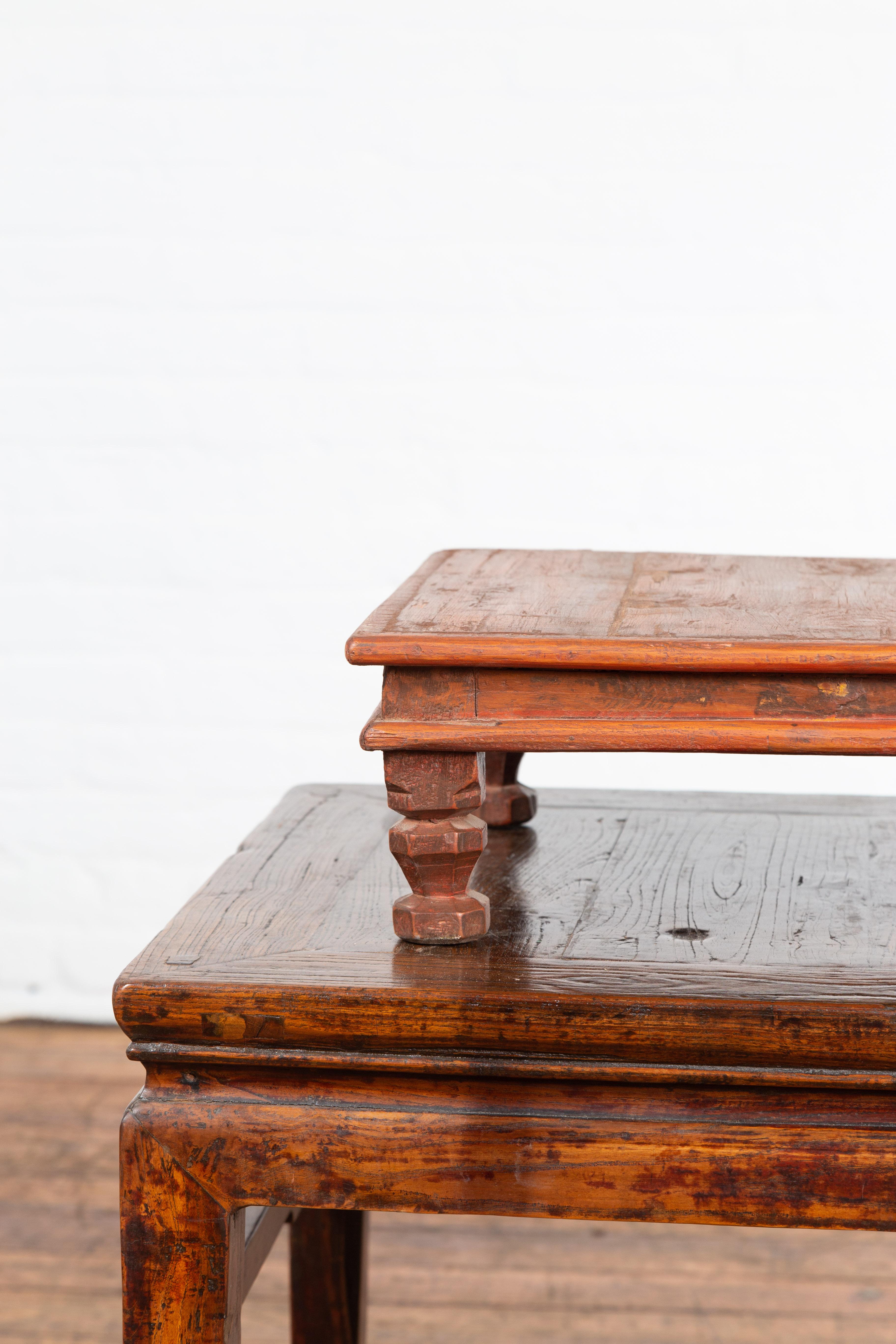Vintage Indian Low Wooden Prayer Table Stand with Carved Angular Legs For Sale 1