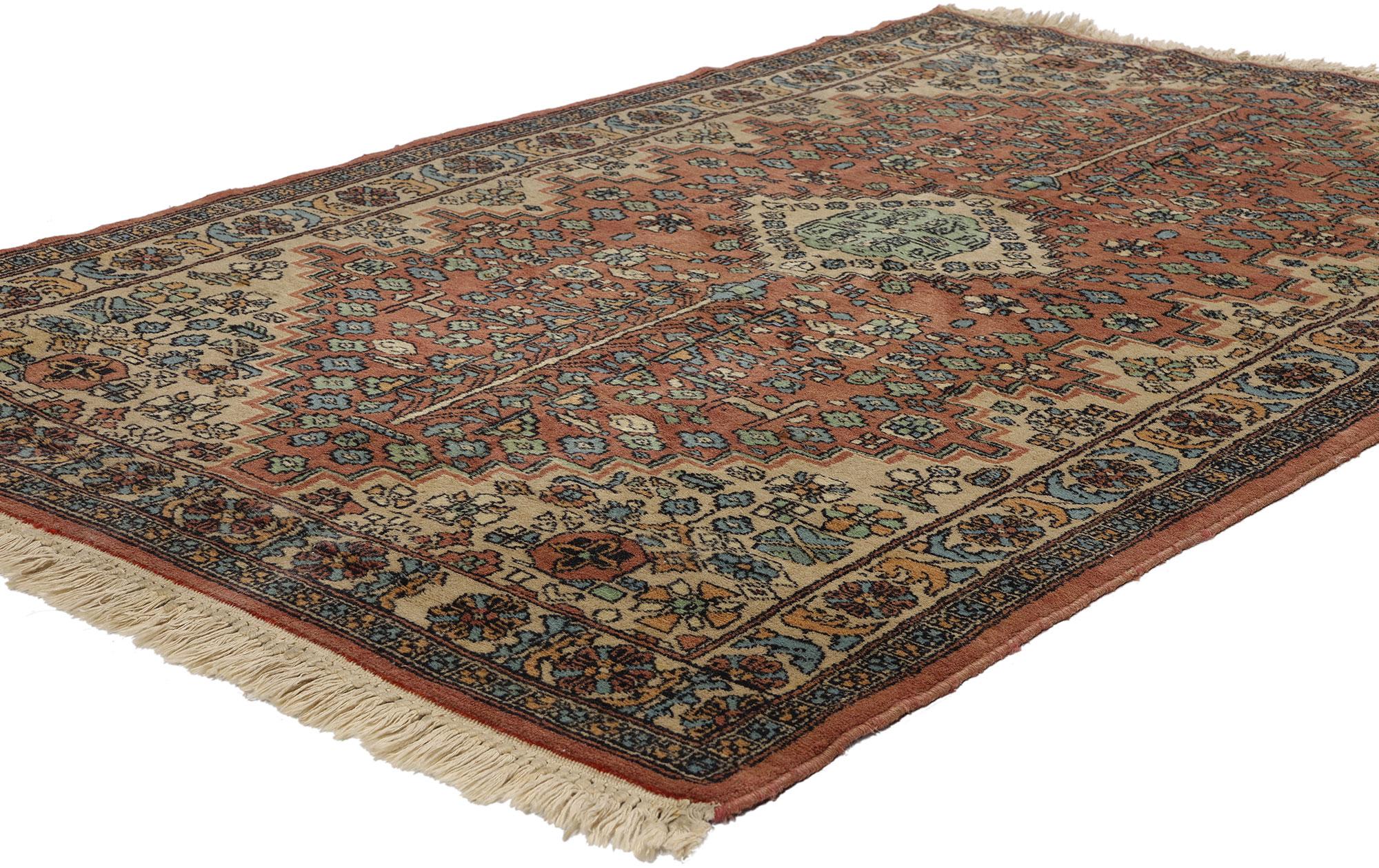 78713 Vintage Indian Mahal Rug, 03'04 x 05'02. Step into a world where timeless allure intertwines with tribal enchantment in the embrace of this vintage Indian Mahal rug. Hand-knotted with care and reverence, this vintage Indian rug invites you to