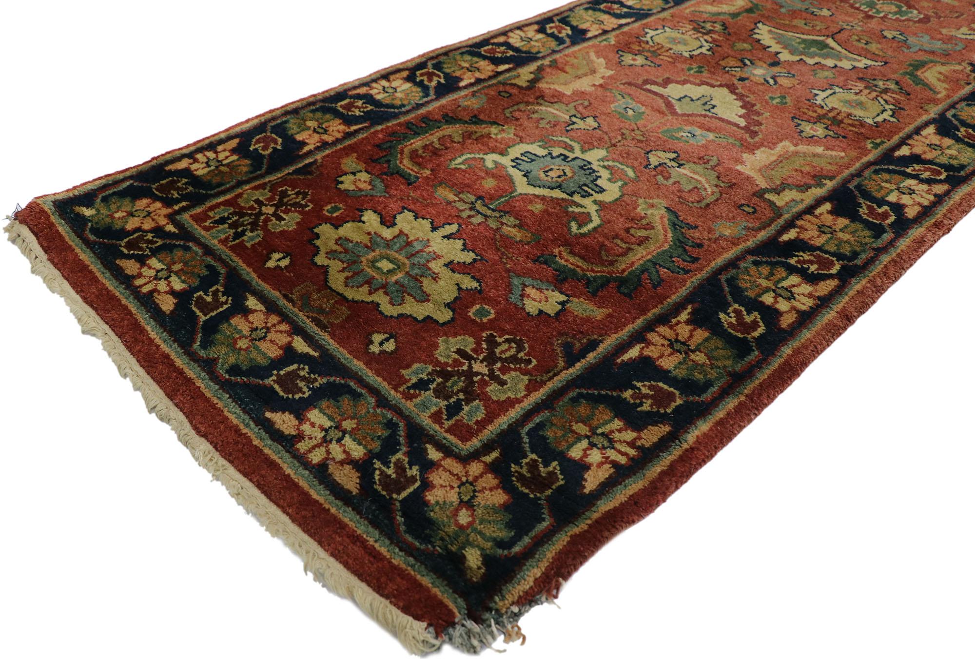 78147 Vintage Indian Mahal Rug Runner, 02'06 x 11'09. Arts and Crafts style meets cozy cohesiveness in this hand knotted wool vintage Indian Mahal rug runner. The nature-inspired design and earthy hues woven into this piece delivers a curated
