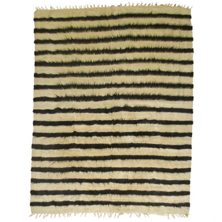 Ivory Black Vintage Indian Mohair Wool Stripe 5 x 7 Rug 