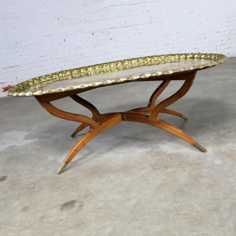 Vintage Indian Moroccan Style Oval Tray Top Spider 4Leg Coffee Table