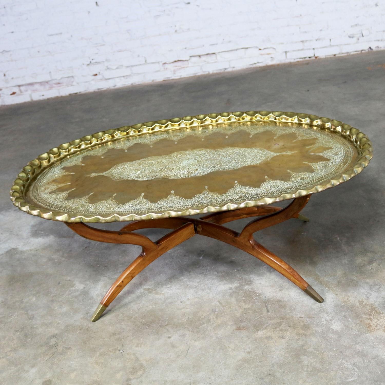 Campaign Vintage Indian Moroccan Style Oval Tray Top Spider 4-Leg Coffee Table